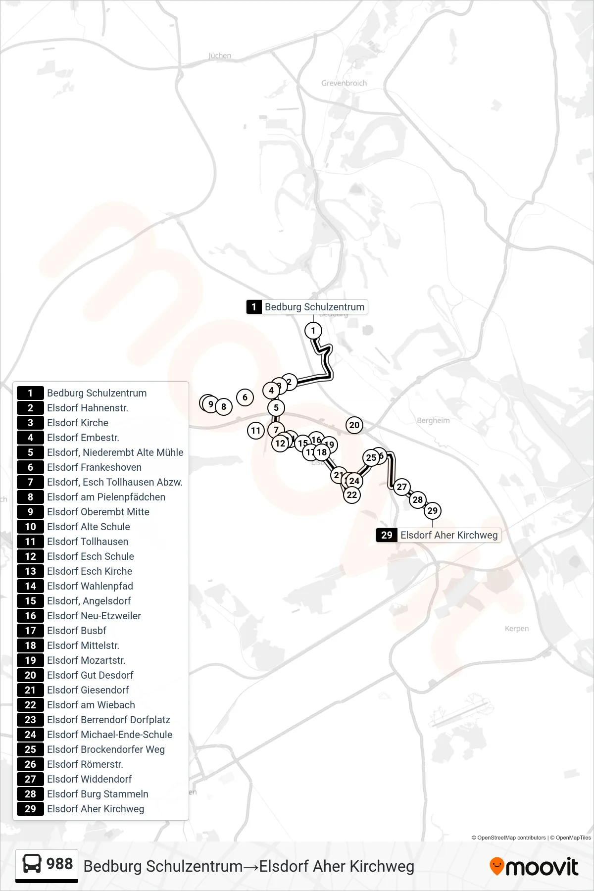 Linie 988 (Bus) Richtung Bedburg Schulzentrum‎→Elsdorf Aher Kirchweg: Route und Haltestellen auf der Karte