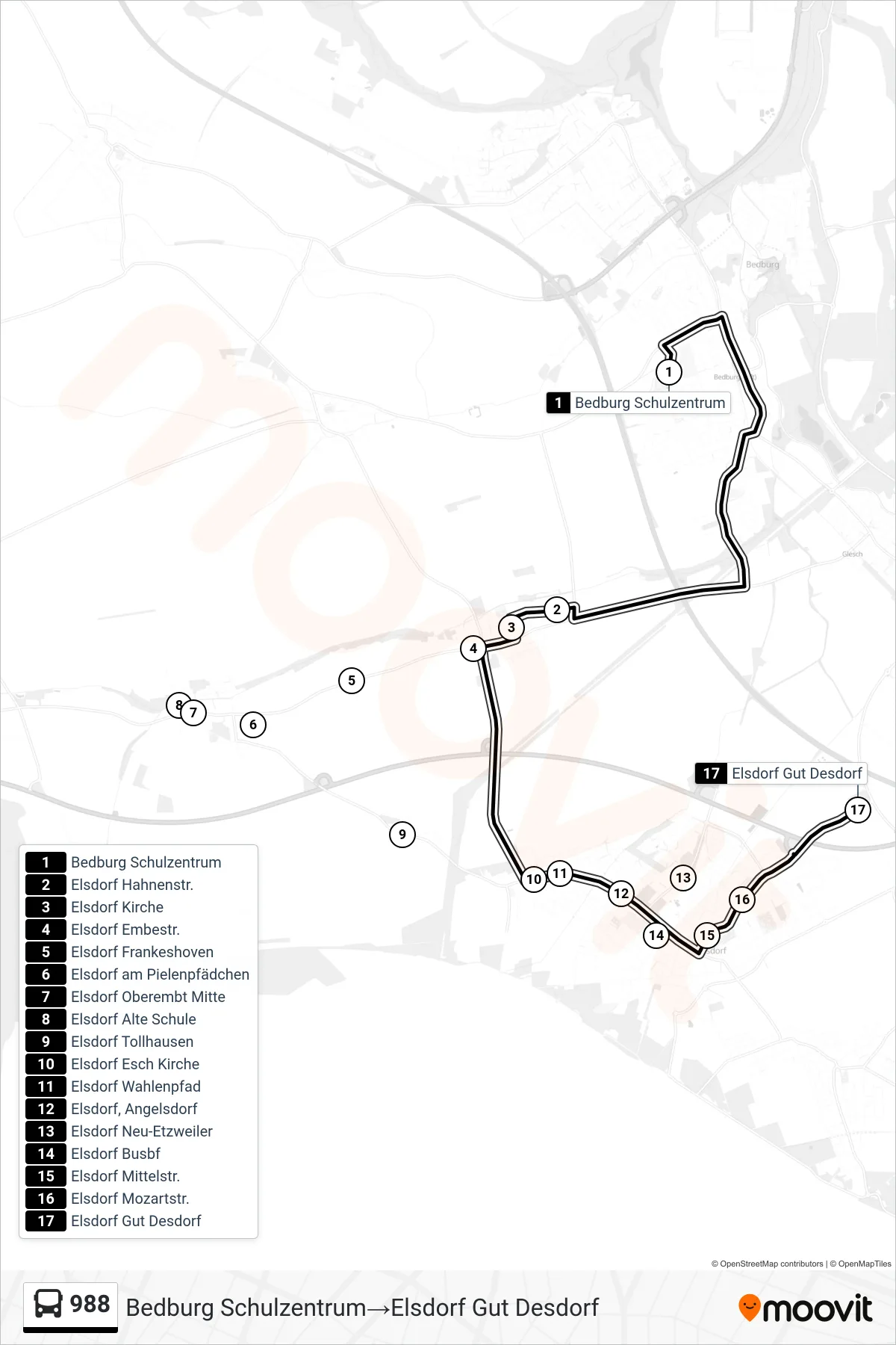 Linie 988 (Bus) Richtung Bedburg Schulzentrum‎→Elsdorf Gut Desdorf: Route und Haltestellen auf der Karte