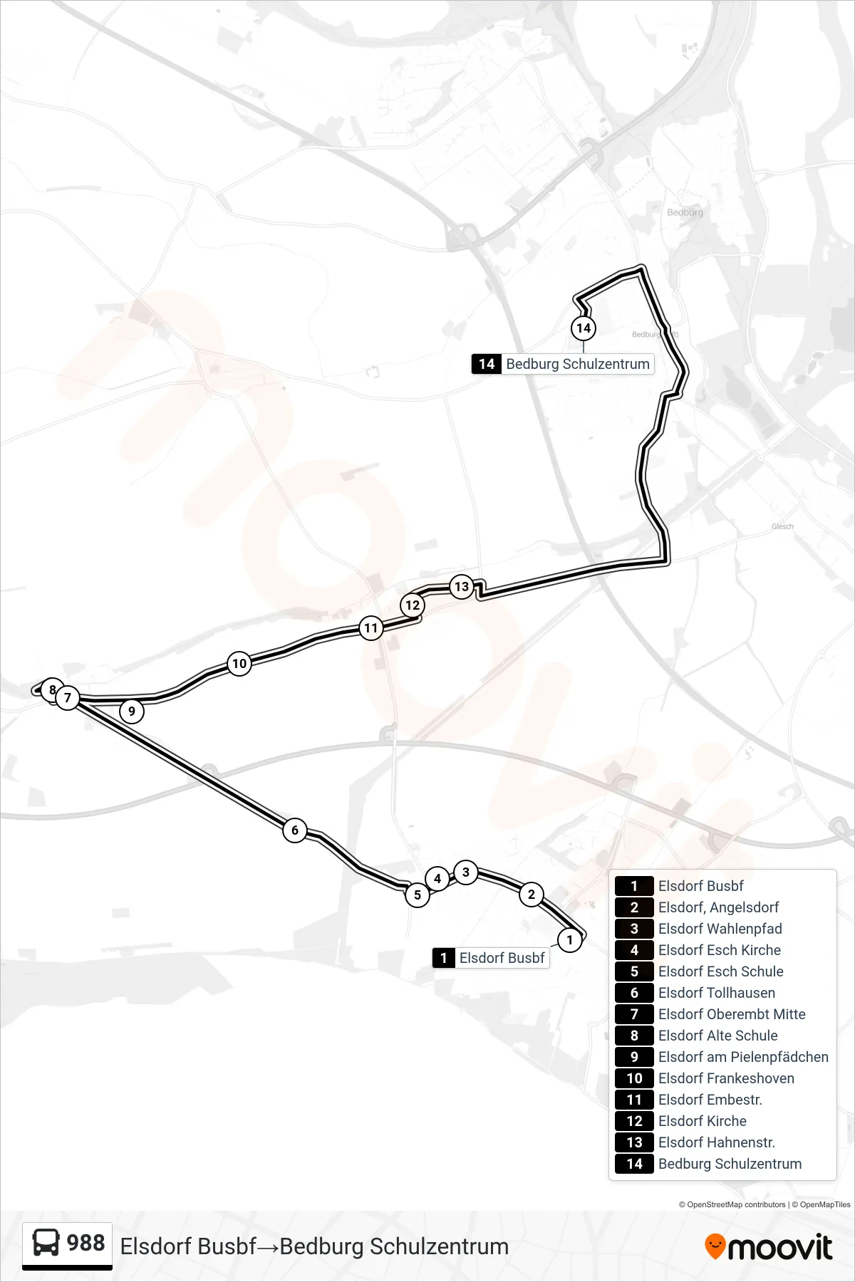 Linie 988 (Bus) Richtung Elsdorf Busbf‎→Bedburg Schulzentrum: Route und Haltestellen auf der Karte