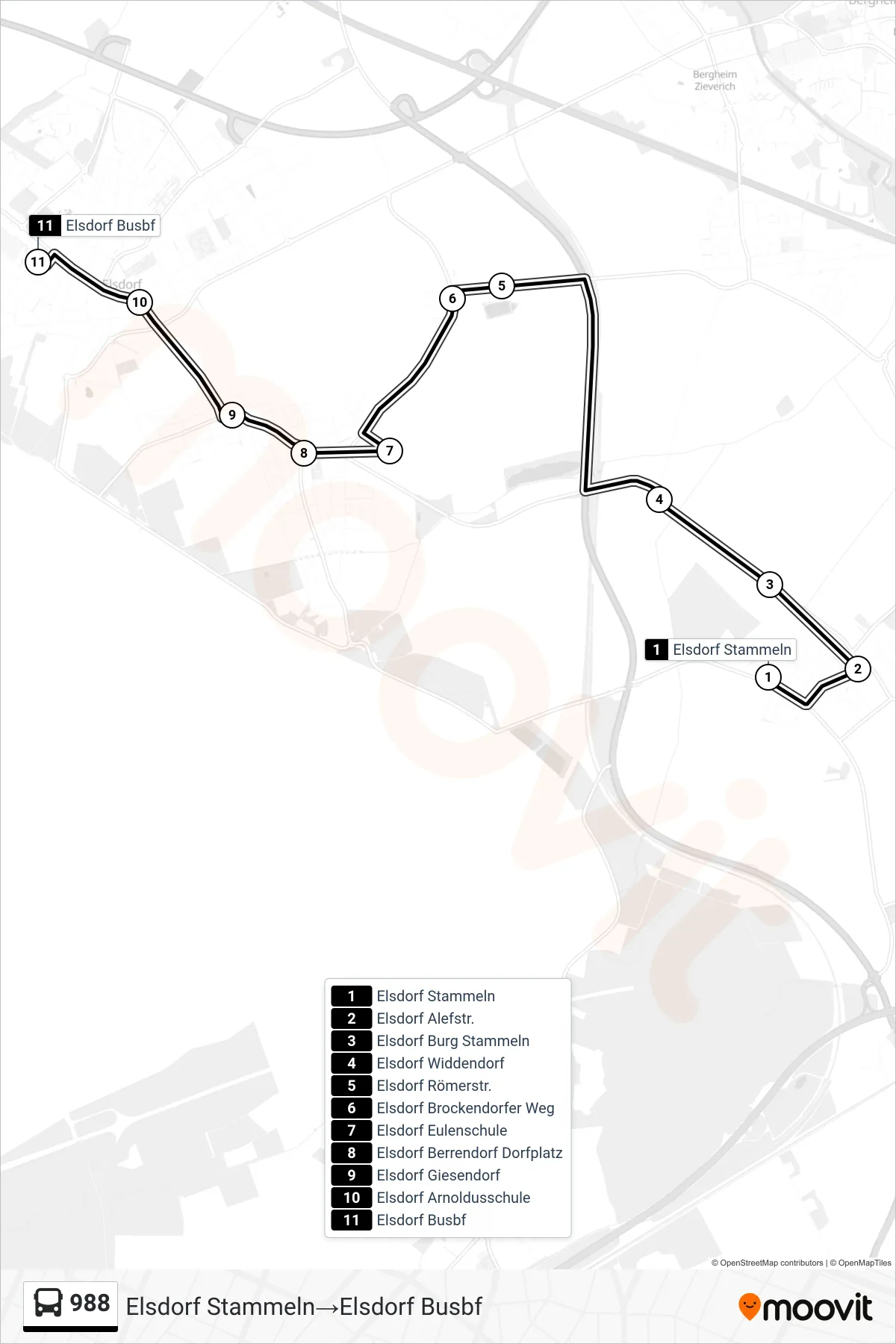Linie 988 (Bus) Richtung Elsdorf Stammeln→Elsdorf Busbf: Route und Haltestellen auf der Karte