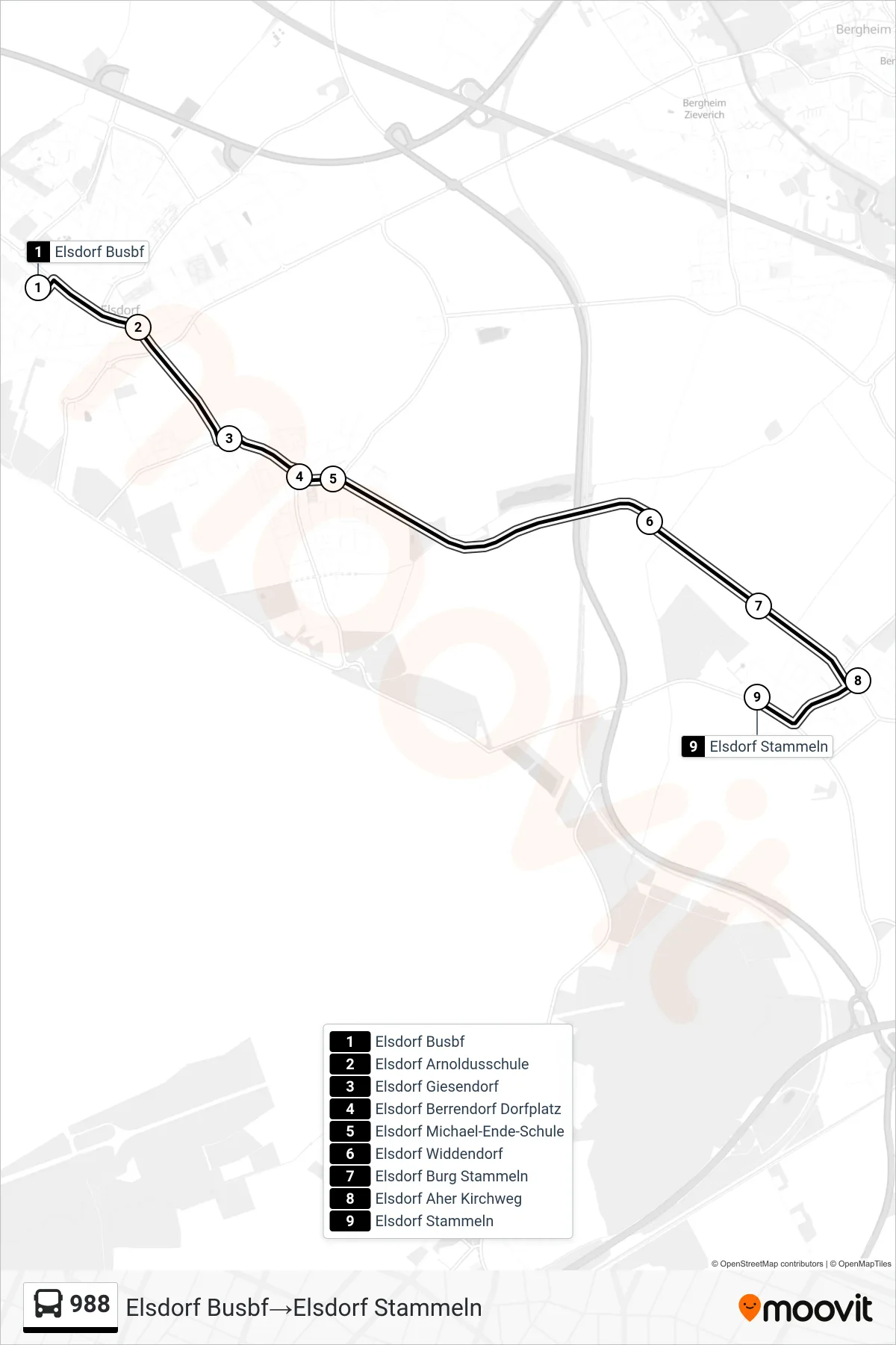 Linie 988 (Bus) Richtung Elsdorf Busbf‎→Elsdorf Stammeln: Route und Haltestellen auf der Karte