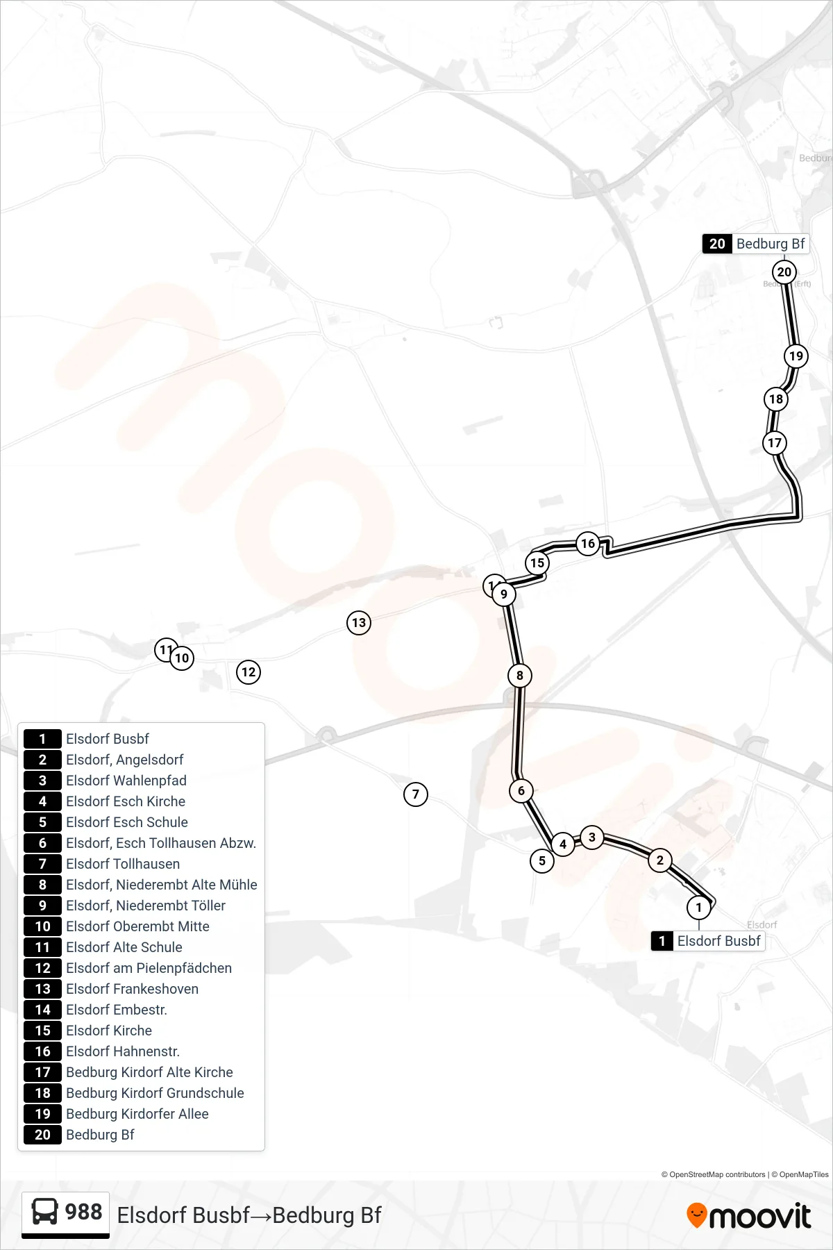 Linie 988 (Bus) Richtung Elsdorf Busbf→Bedburg Bf: Route und Haltestellen auf der Karte