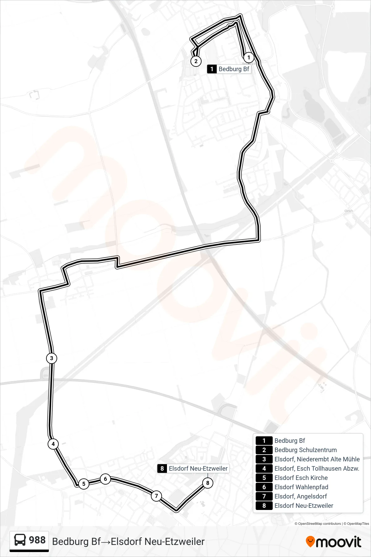 Linie 988 (Bus) Richtung Bedburg Bf‎→Elsdorf Neu-Etzweiler: Route und Haltestellen auf der Karte