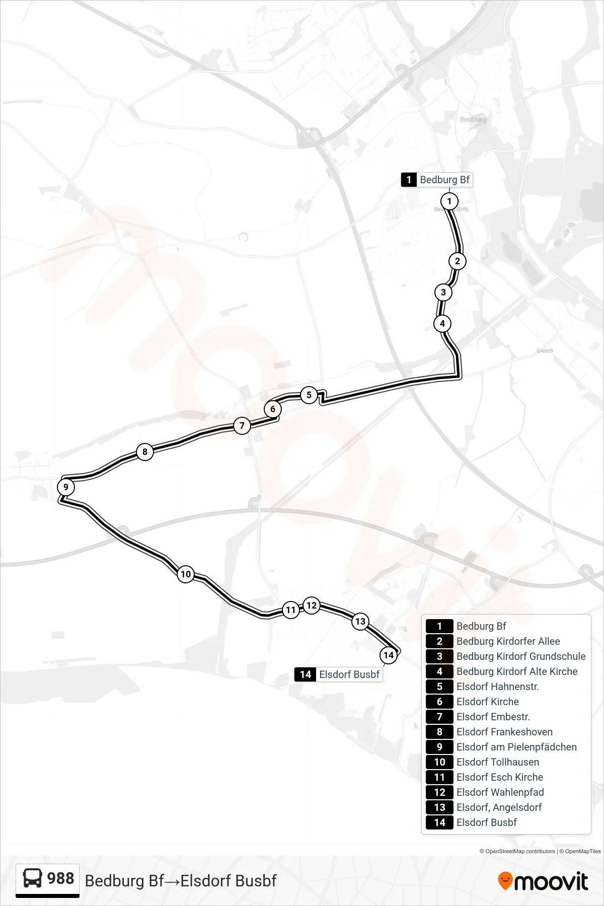 Linie 988 (Bus) Richtung Bedburg Bf‎→Elsdorf Busbf: Route und Haltestellen auf der Karte