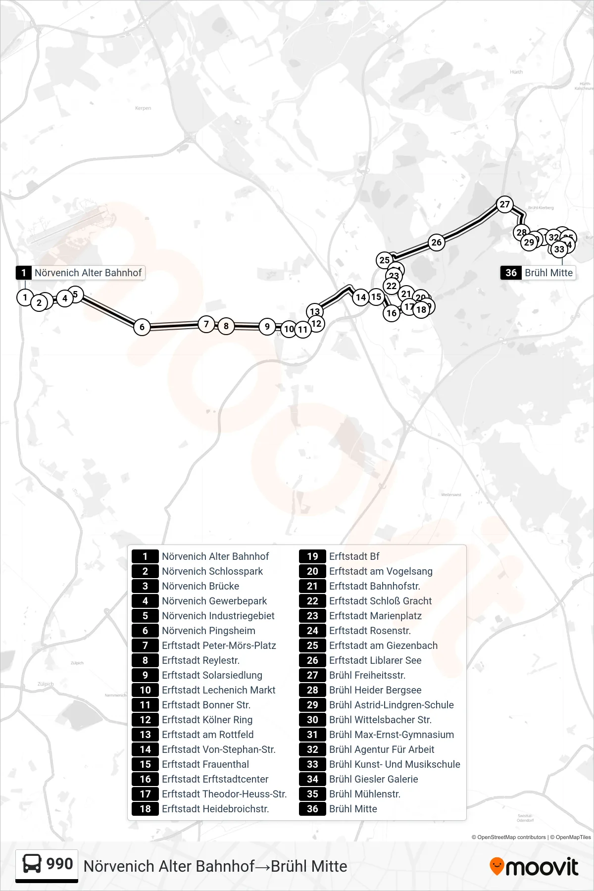 Linie 990 (Bus) Richtung Nörvenich Alter Bahnhof→Brühl Mitte: Route und Haltestellen auf der Karte