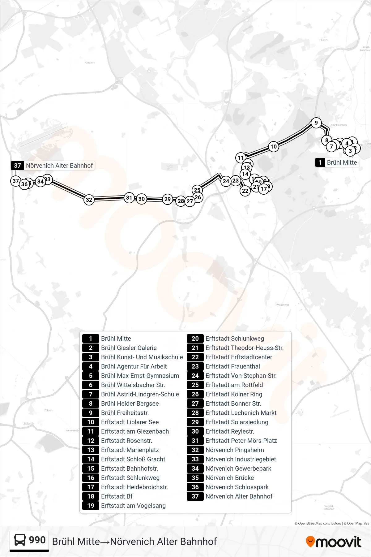 Linie 990 (Bus) Richtung Brühl Mitte‎→Nörvenich Alter Bahnhof: Route und Haltestellen auf der Karte