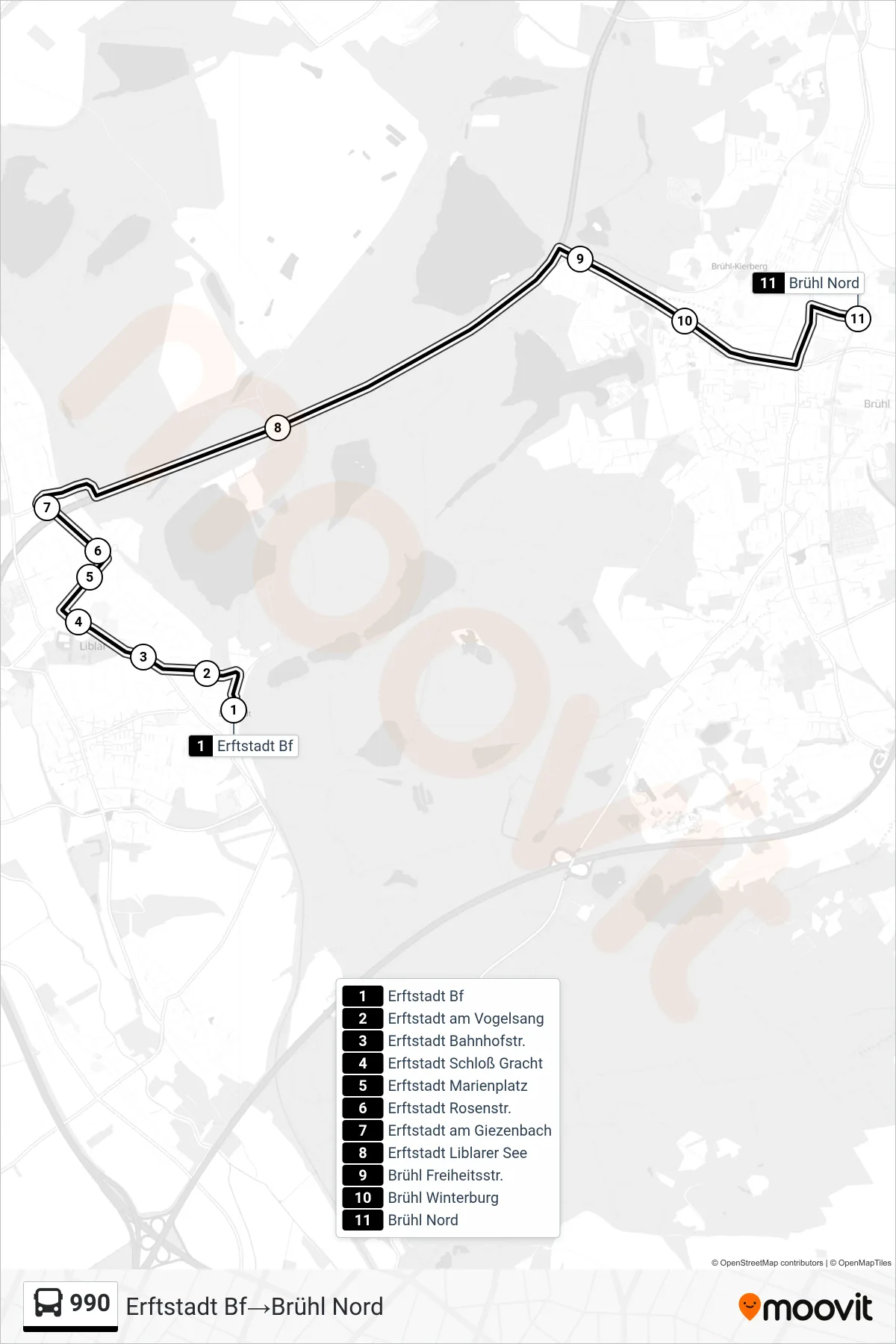 Linie 990 (Bus) Richtung Erftstadt Bf‎→Brühl Nord: Route und Haltestellen auf der Karte