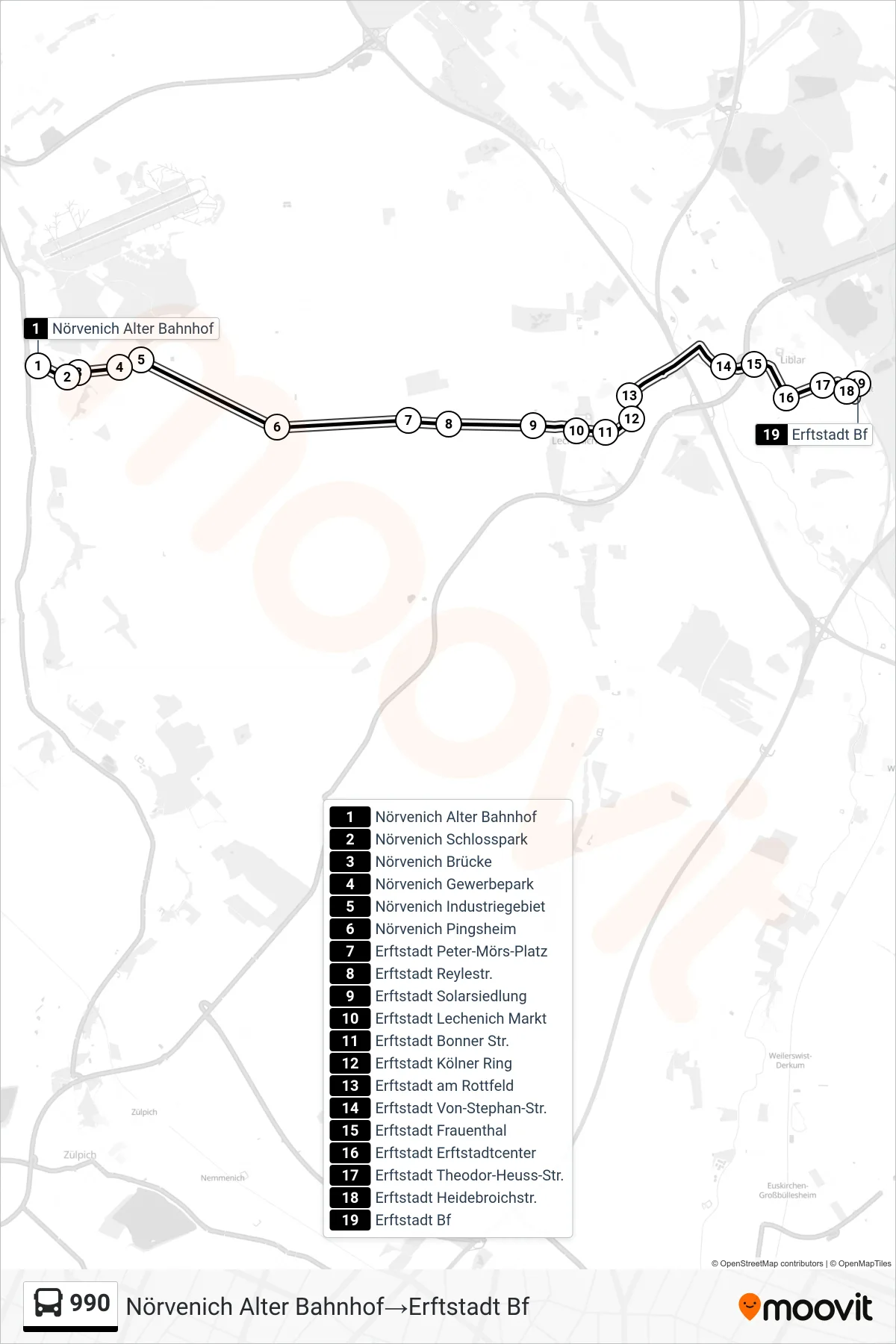 Linie 990 (Bus) Richtung Nörvenich Alter Bahnhof‎→Erftstadt Bf: Route und Haltestellen auf der Karte