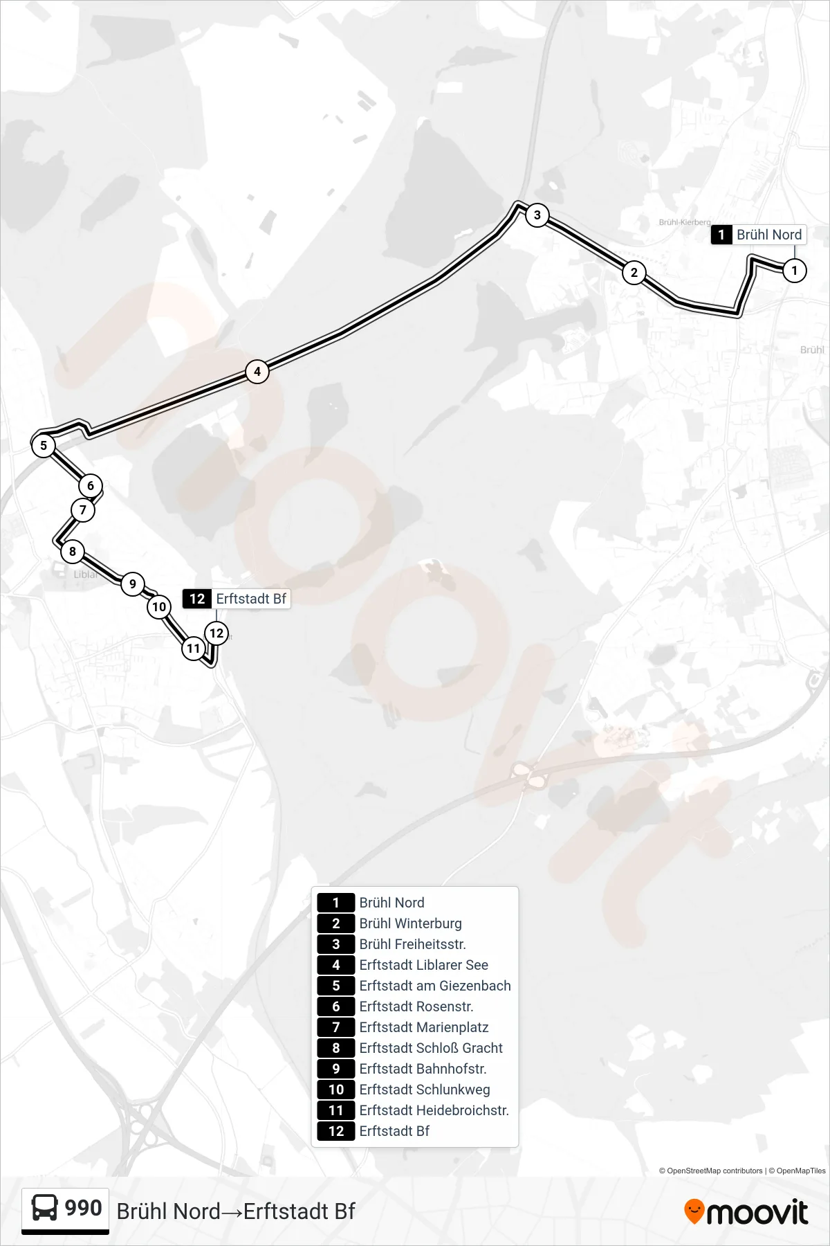 Linie 990 (Bus) Richtung Brühl Nord‎→Erftstadt Bf: Route und Haltestellen auf der Karte