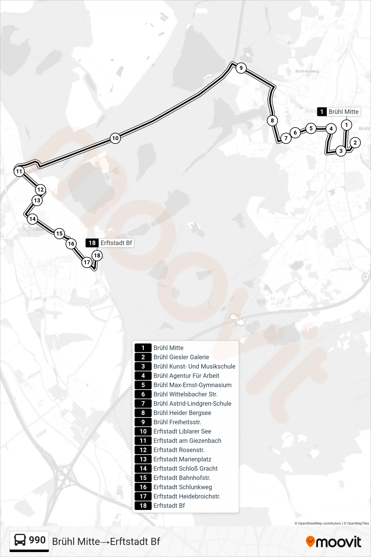 Linie 990 (Bus) Richtung Brühl Mitte‎→Erftstadt Bf: Route und Haltestellen auf der Karte
