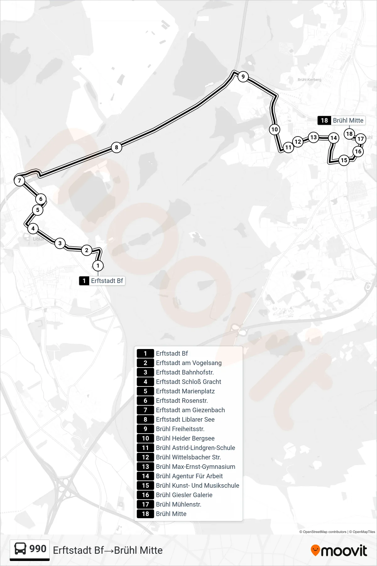 Linie 990 (Bus) Richtung Erftstadt Bf‎→Brühl Mitte: Route und Haltestellen auf der Karte