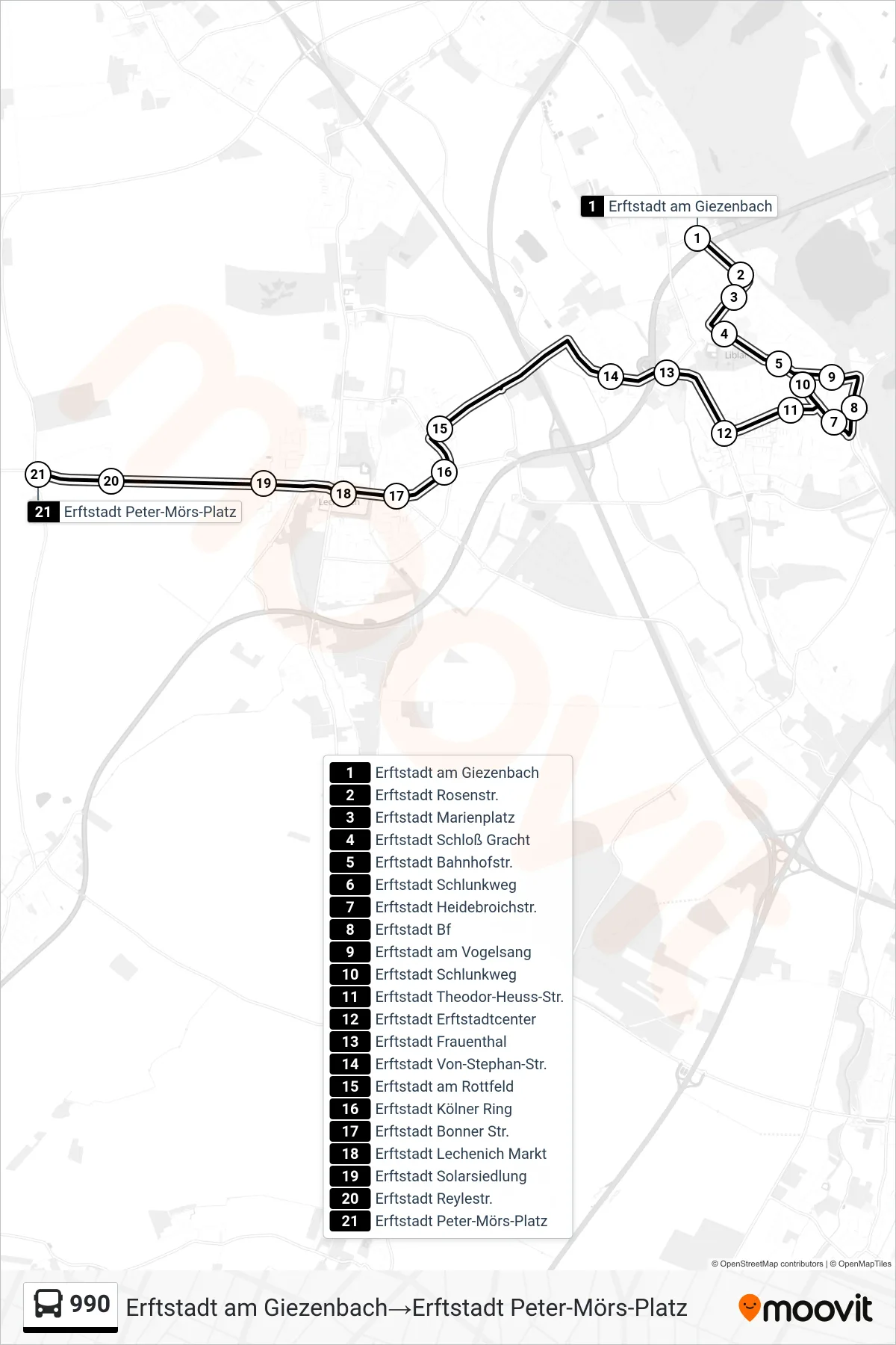 990 bus Line (Erftstadt am Giezenbach→Erftstadt Peter-Mörs-Platz) route and stops on a map
