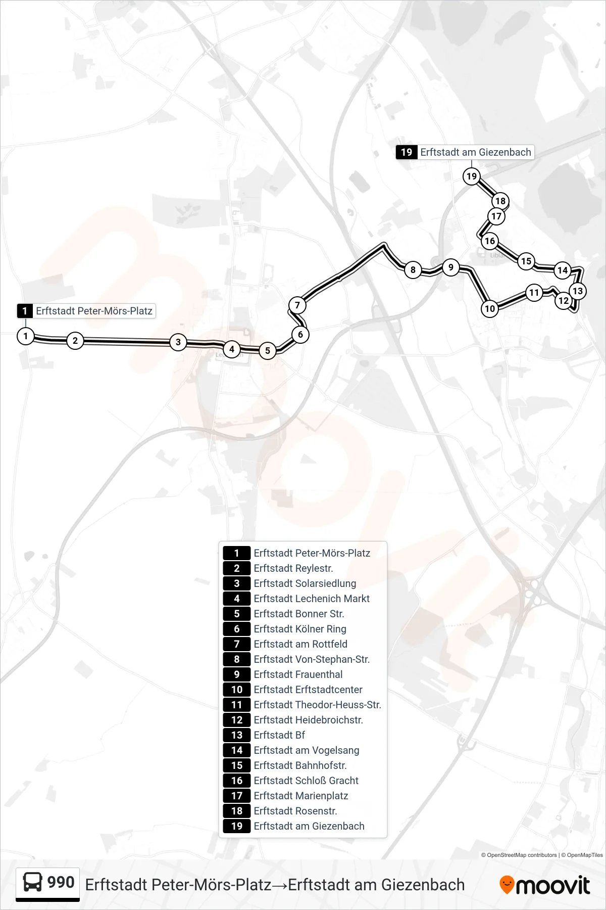 Linie 990 (Bus) Richtung Erftstadt Peter-Mörs-Platz→Erftstadt am Giezenbach: Route und Haltestellen auf der Karte