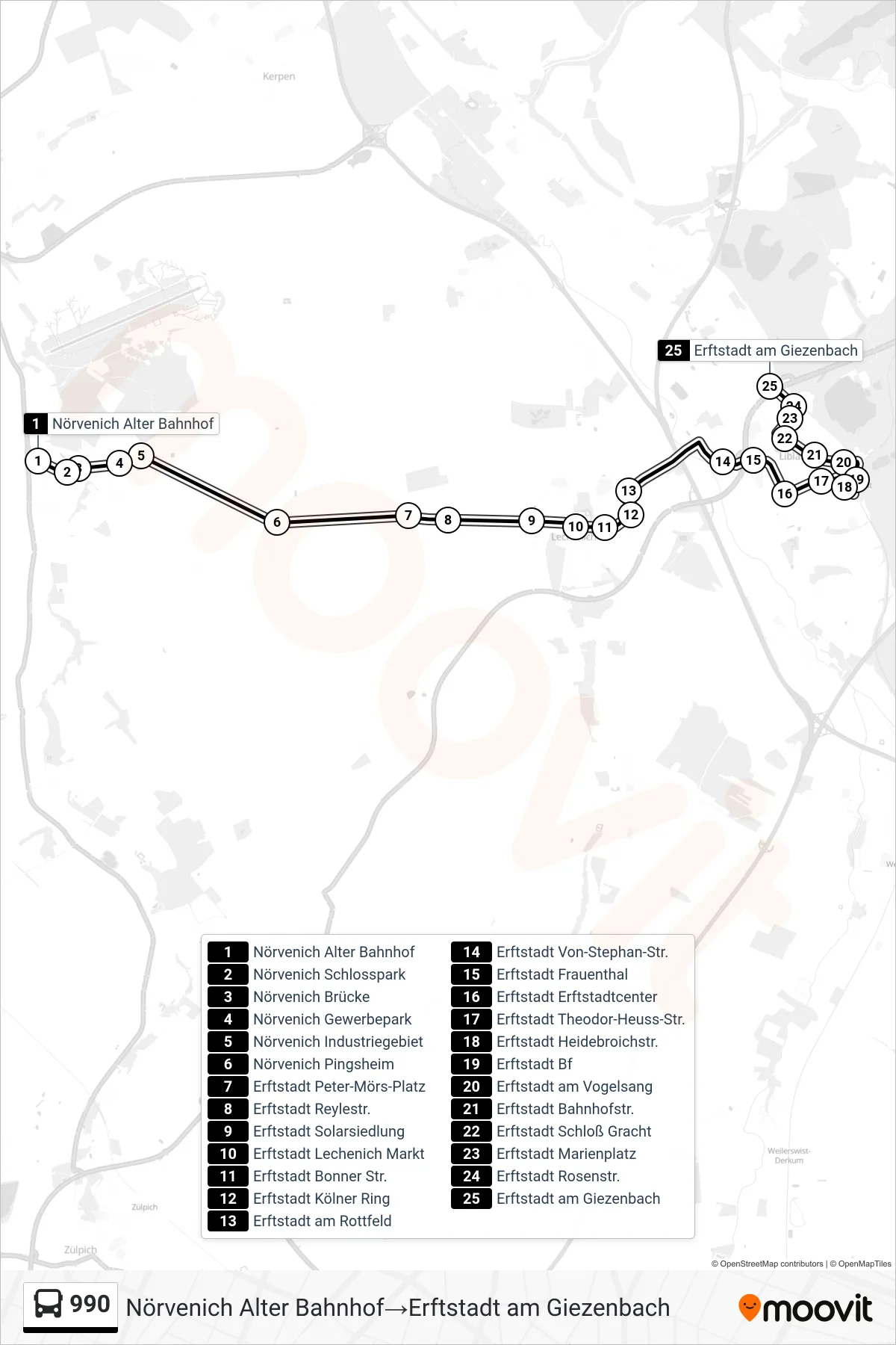 Linie 990 (Bus) Richtung Nörvenich Alter Bahnhof→Erftstadt am Giezenbach: Route und Haltestellen auf der Karte