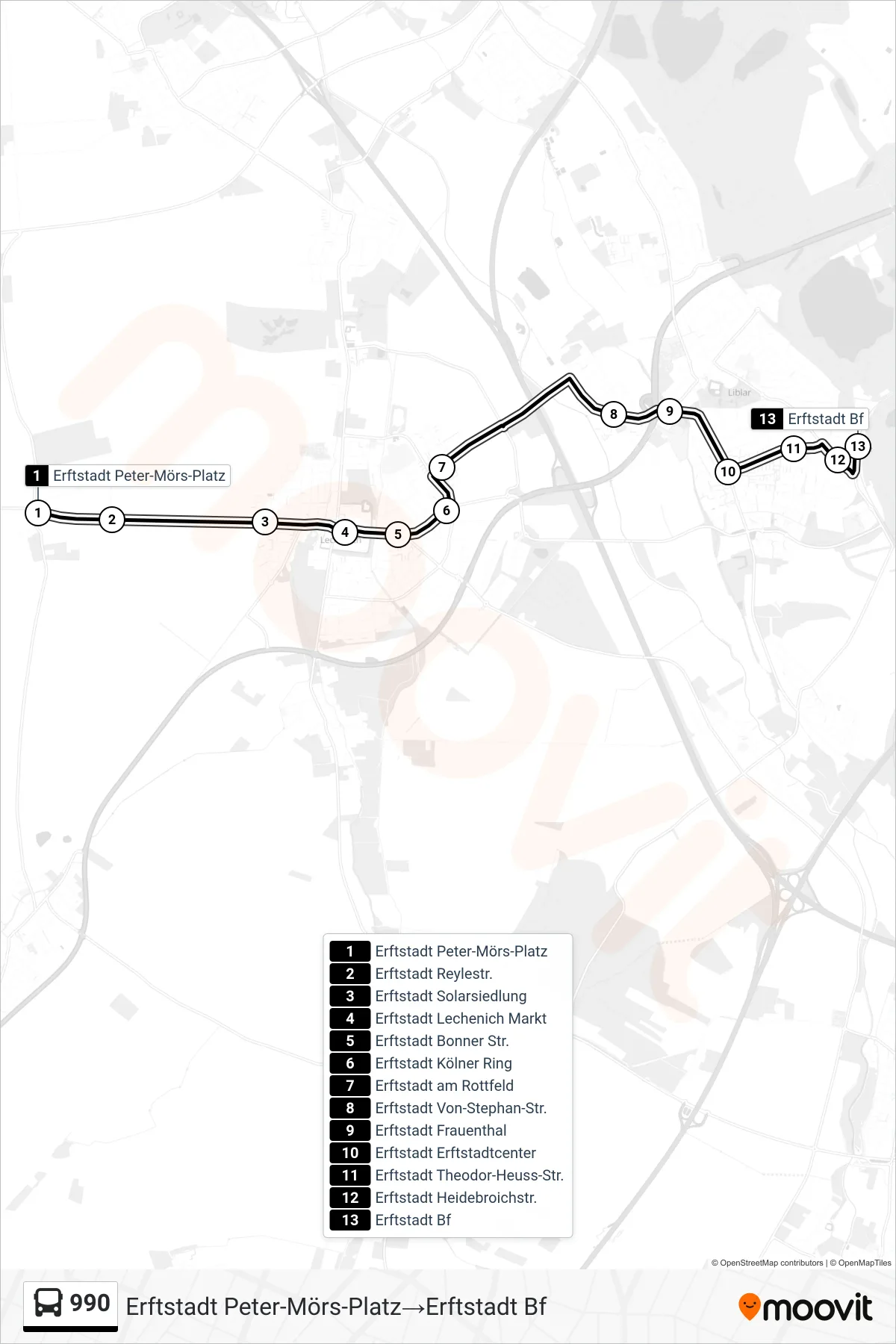 990 bus Line (Erftstadt Peter-Mörs-Platz→Erftstadt Bf) route and stops on a map