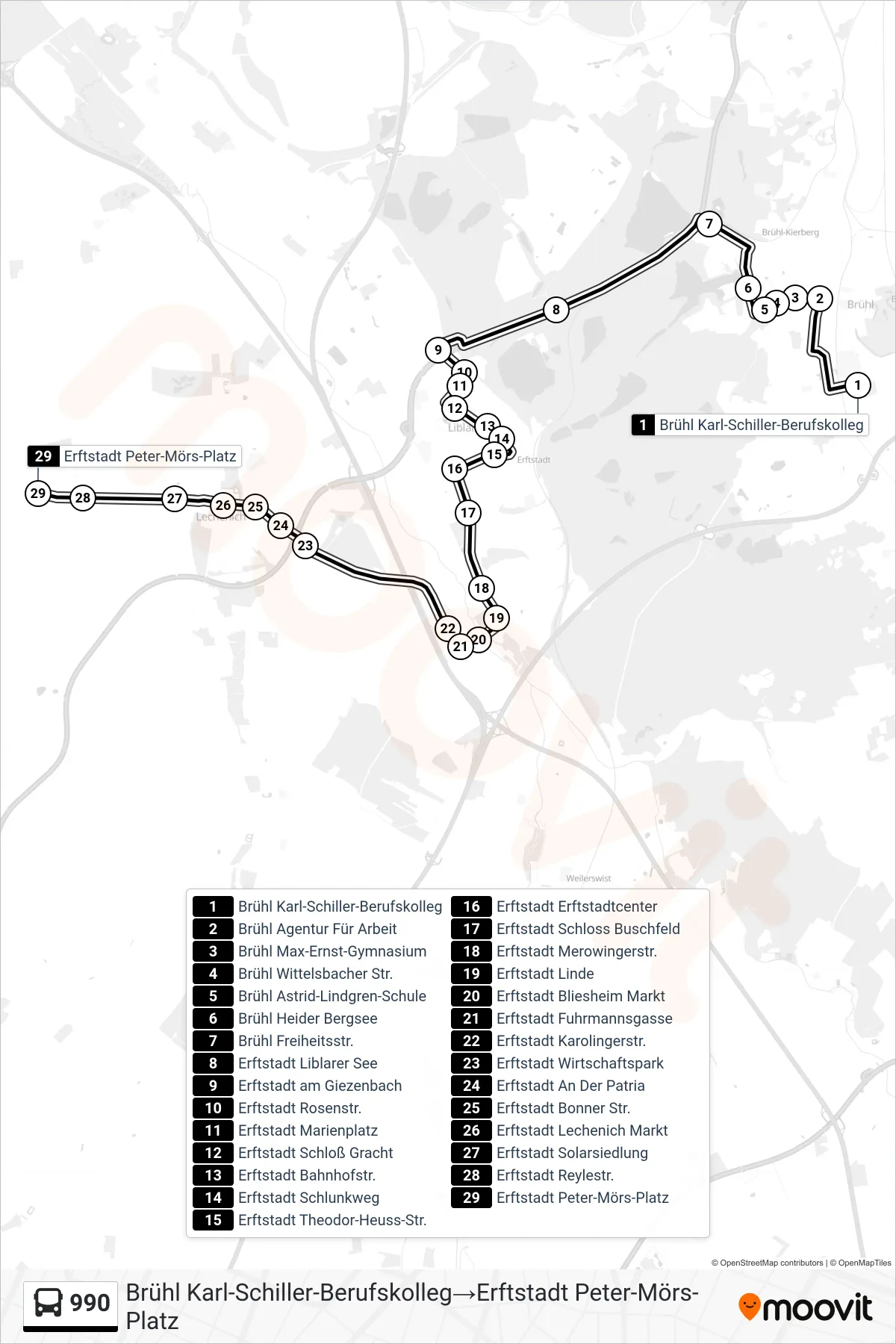 Linie 990 (Bus) Richtung Brühl Karl-Schiller-Berufskolleg→Erftstadt Peter-Mörs-Platz: Route und Haltestellen auf der Karte