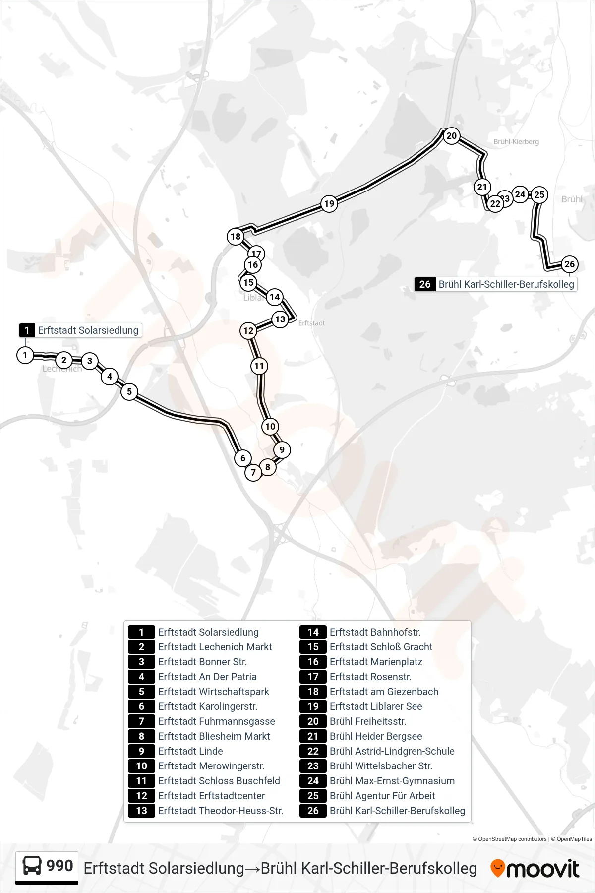 Linie 990 (Bus) Richtung Erftstadt Solarsiedlung‎→Brühl Karl-Schiller-Berufskolleg: Route und Haltestellen auf der Karte