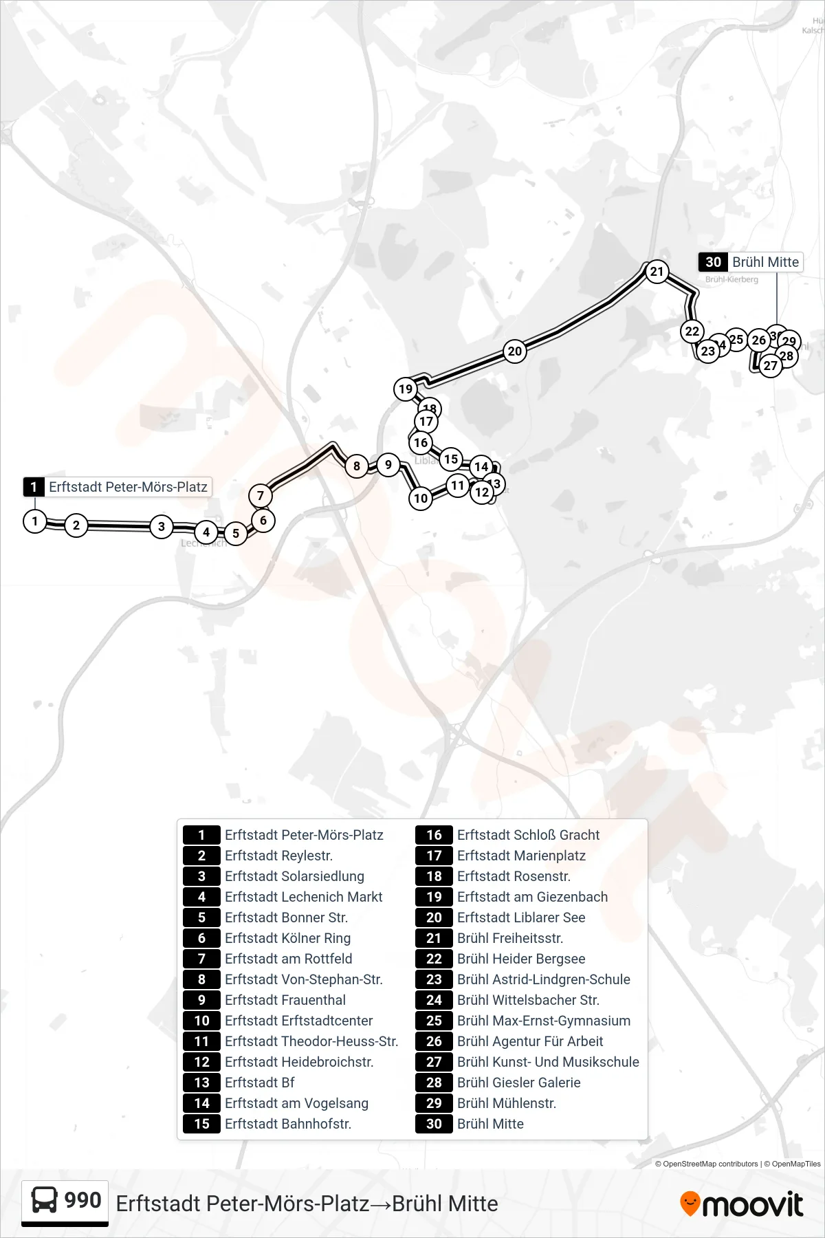 Linie 990 (Bus) Richtung Erftstadt Peter-Mörs-Platz→Brühl Mitte: Route und Haltestellen auf der Karte