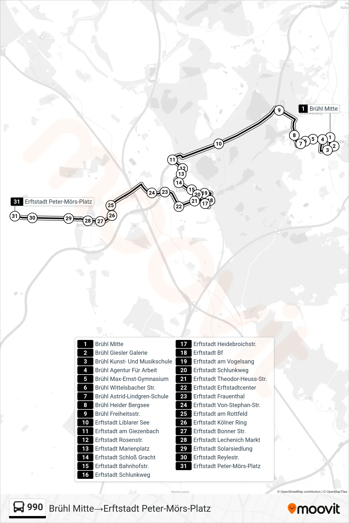 Linie 990 (Bus) Richtung Brühl Mitte‎→Erftstadt Peter-Mörs-Platz: Route und Haltestellen auf der Karte