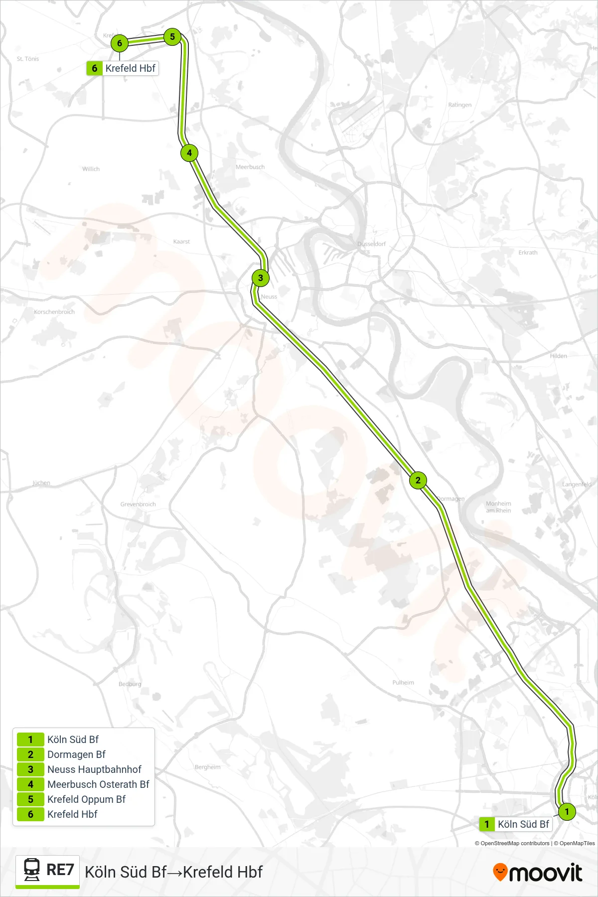 Linie RE7 (Bahn) Richtung Köln Süd Bf→Krefeld Hbf: Route und Haltestellen auf der Karte