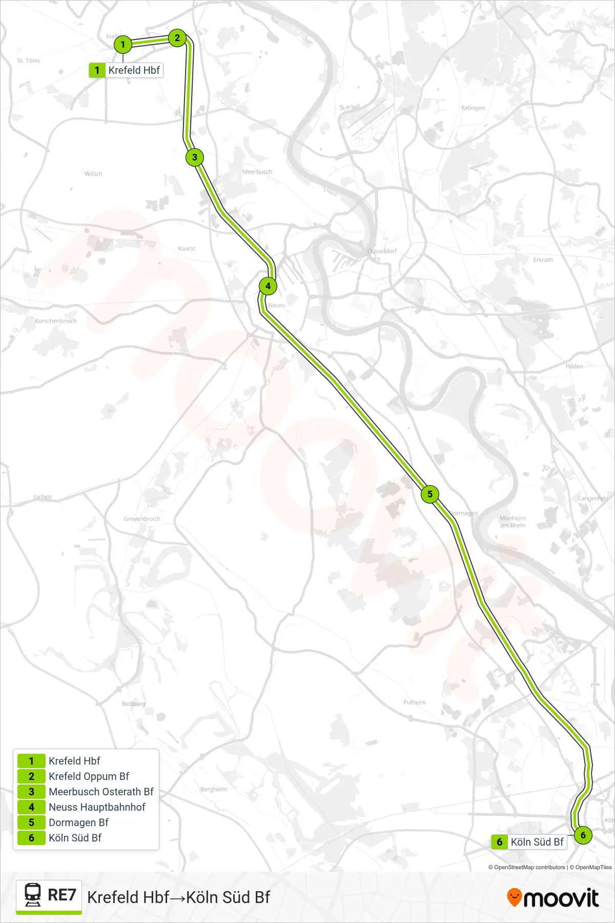 RE7 rail Line (Krefeld Hbf→Köln Süd Bf) route and stops on a map