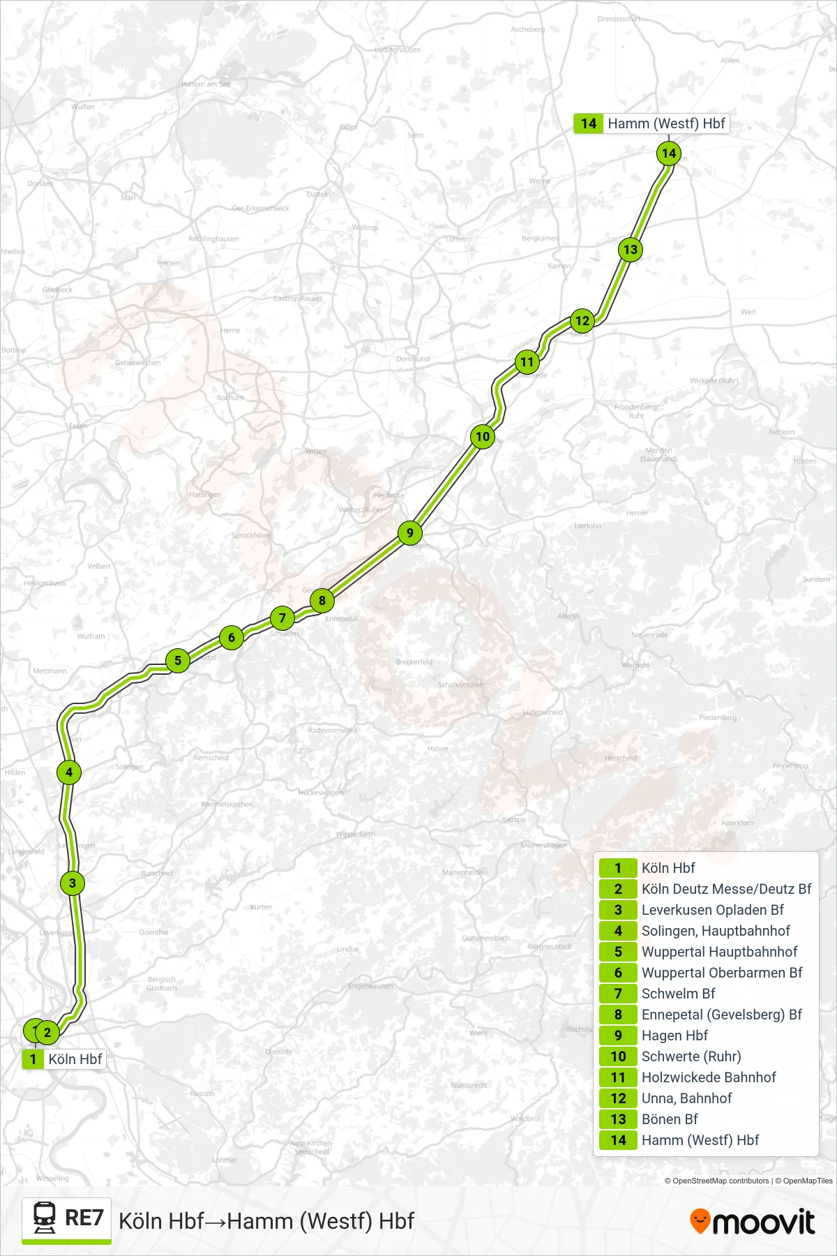 Linie RE7 (Bahn) Richtung Köln Hbf→Hamm (Westf) Hbf: Route und Haltestellen auf der Karte