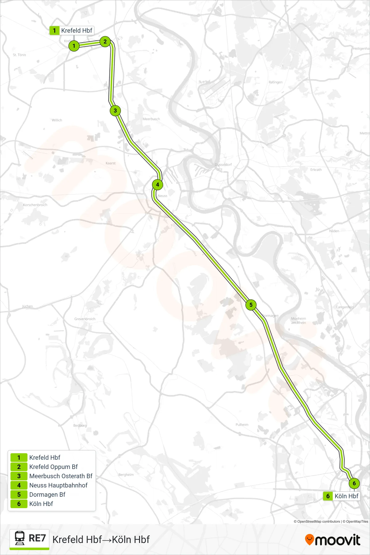 Linie RE7 (Bahn) Richtung Krefeld Hbf→Köln Hbf: Route und Haltestellen auf der Karte