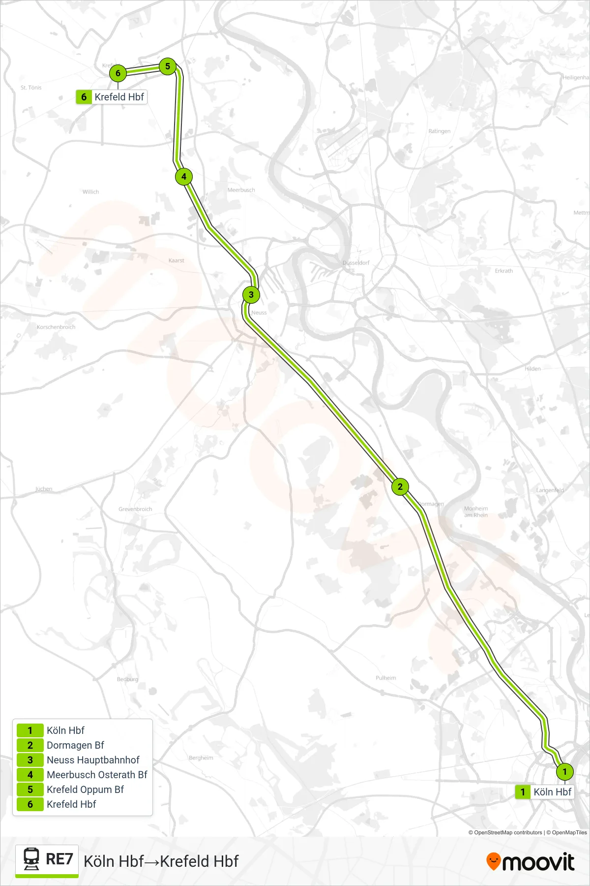 Linie RE7 (Bahn) Richtung Köln Hbf‎→Krefeld Hbf: Route und Haltestellen auf der Karte