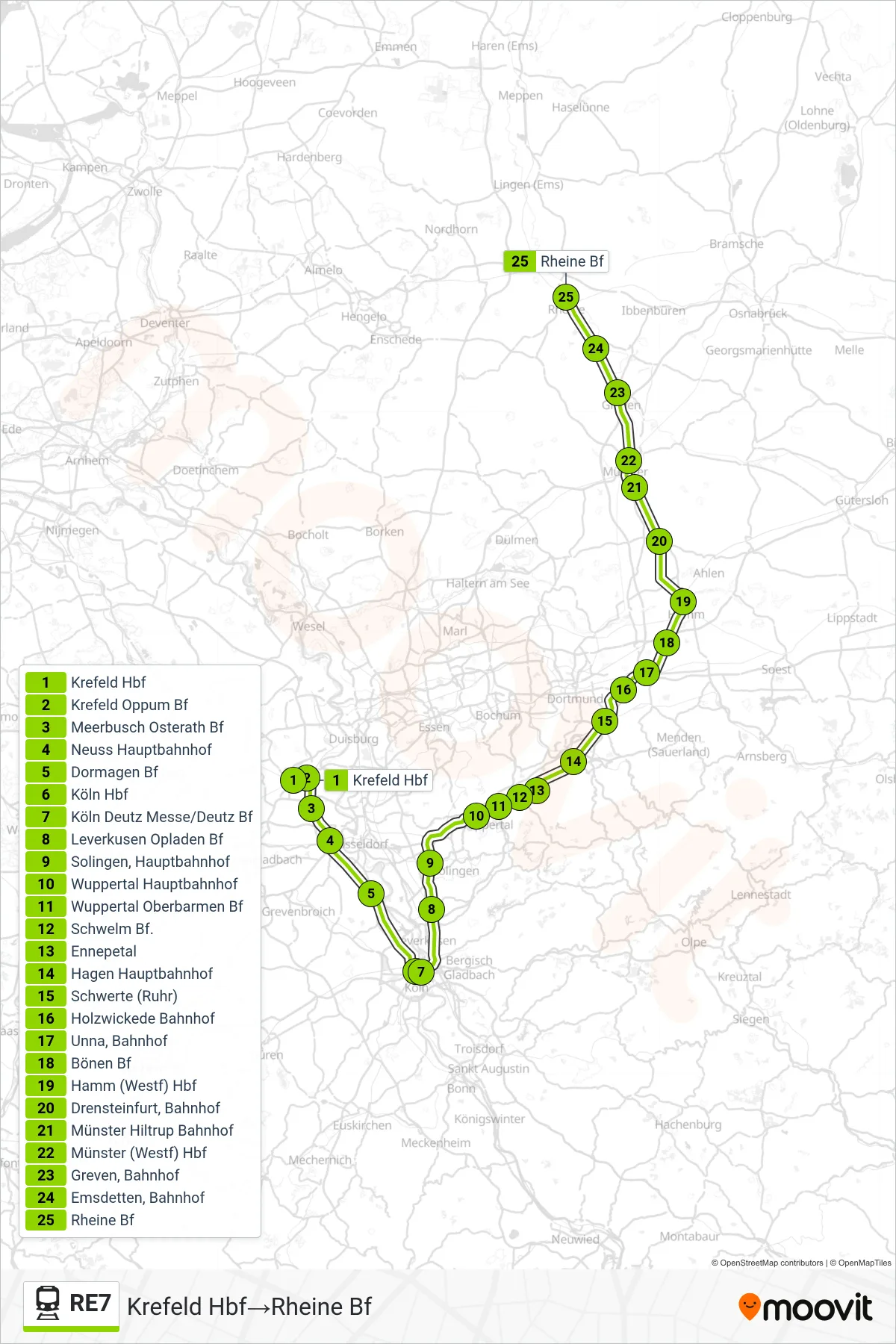 Linie RE7 (Bahn) Richtung Krefeld Hbf‎→Rheine Bf: Route und Haltestellen auf der Karte