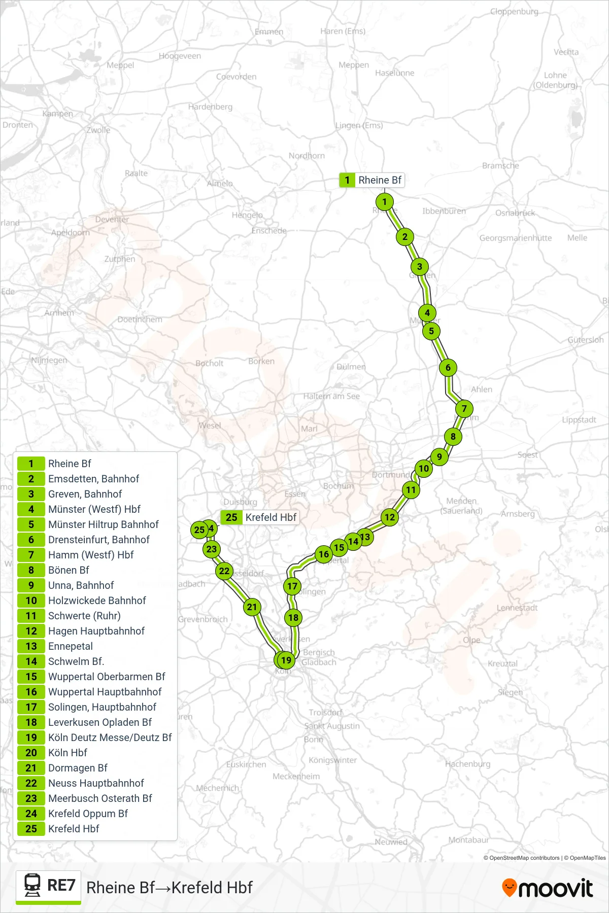 Linie RE7 (Bahn) Richtung Rheine Bf‎→Krefeld Hbf: Route und Haltestellen auf der Karte