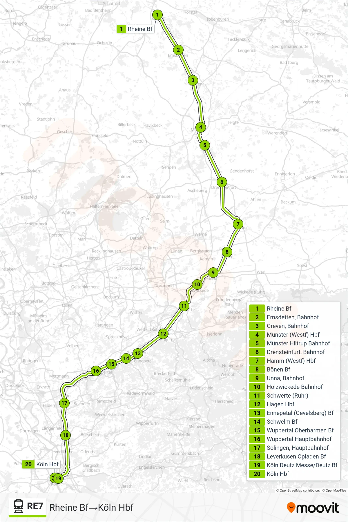 Linie RE7 (Bahn) Richtung Rheine Bf→Köln Hbf: Route und Haltestellen auf der Karte