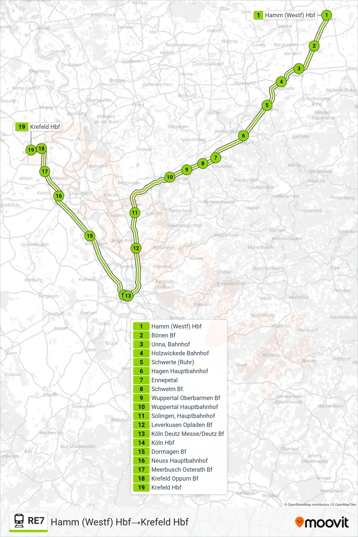 Linie RE7 (Bahn) Richtung Hamm (Westf) Hbf‎→Krefeld Hbf: Route und Haltestellen auf der Karte