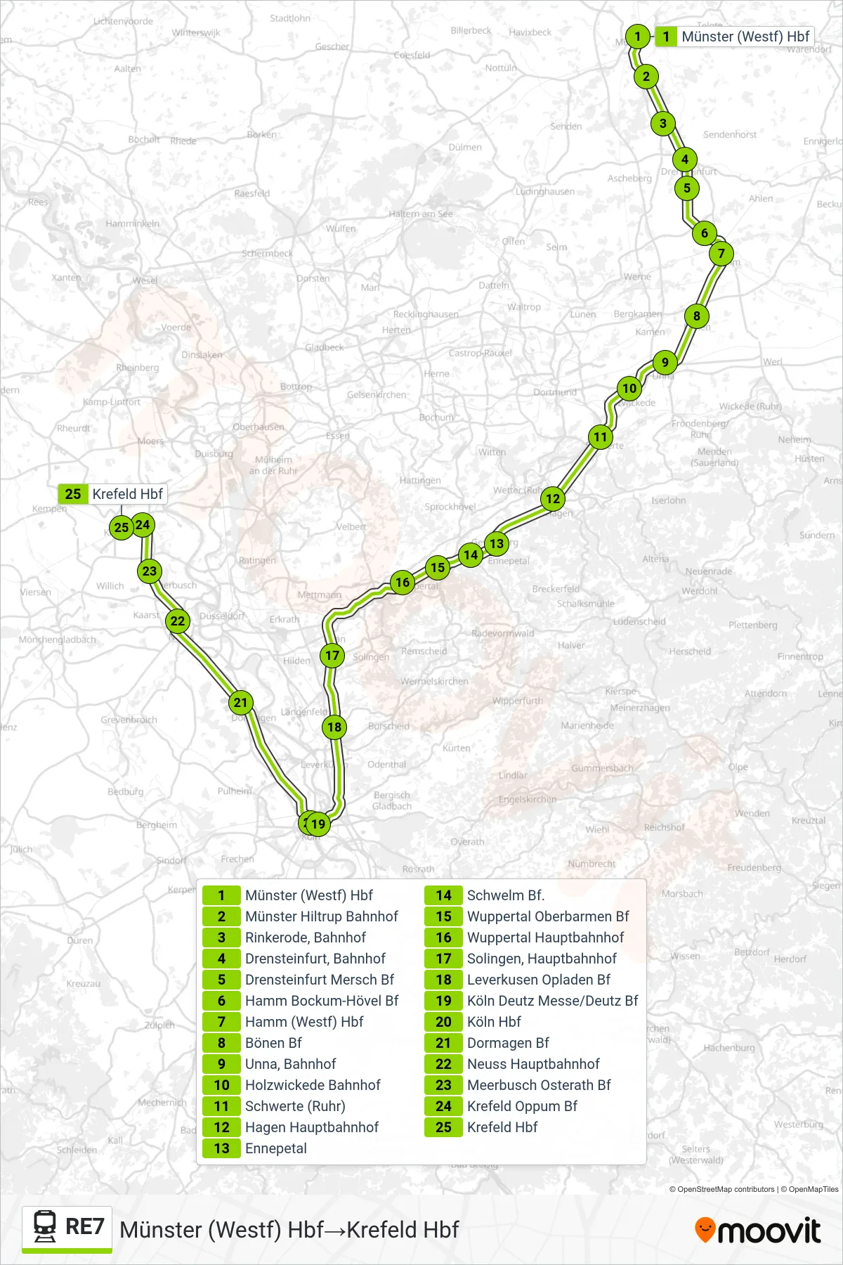 Linie RE7 (Bahn) Richtung Münster (Westf) Hbf‎→Krefeld Hbf: Route und Haltestellen auf der Karte