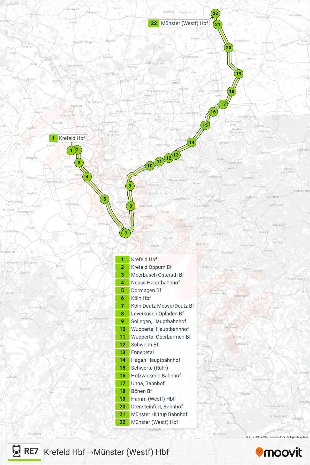 Linie RE7 (Bahn) Richtung Krefeld Hbf→Münster (Westf) Hbf: Route und Haltestellen auf der Karte