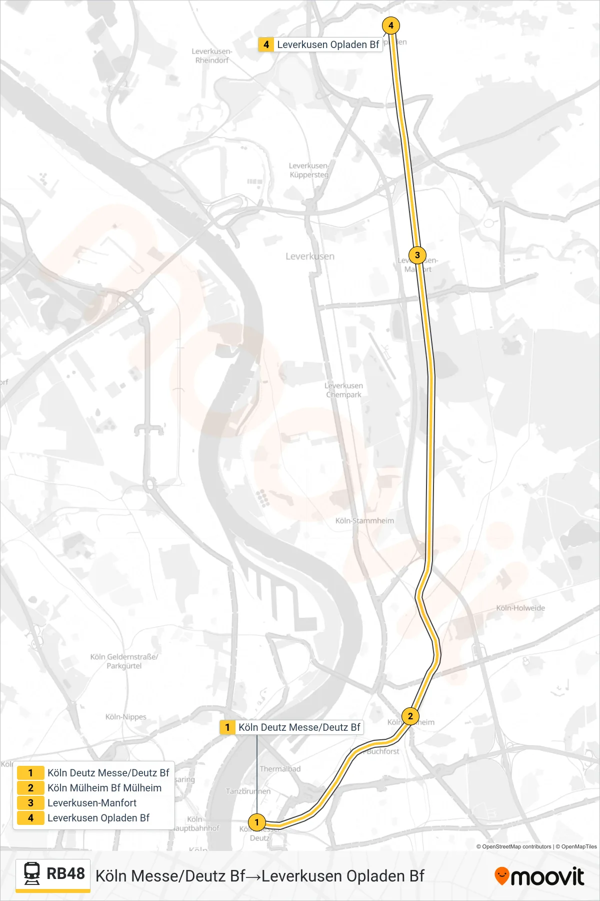 Linie RB48 (Bahn) Richtung Köln Messe/Deutz Bf→Leverkusen Opladen Bf: Route und Haltestellen auf der Karte