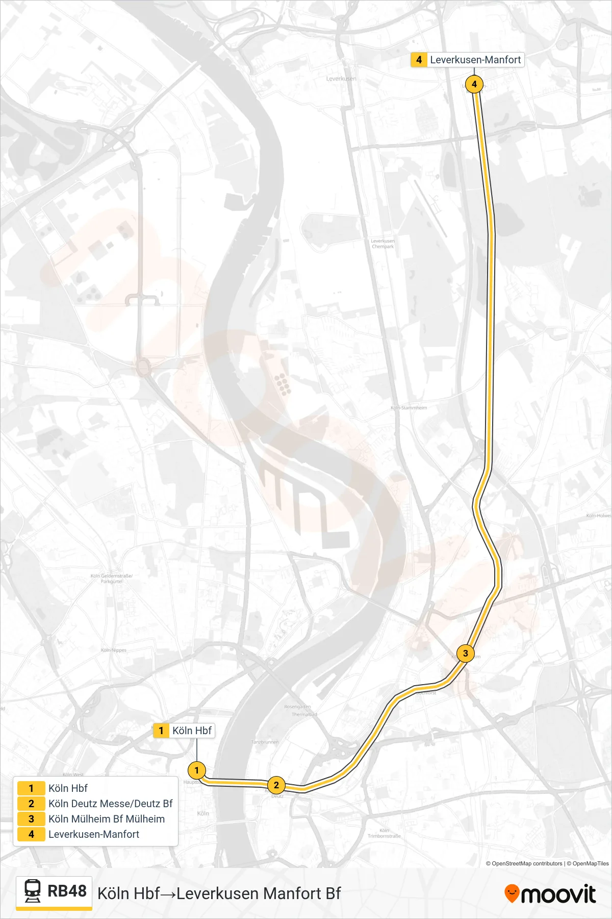 Linie RB48 (Bahn) Richtung Köln Hbf‎→Leverkusen Manfort Bf: Route und Haltestellen auf der Karte