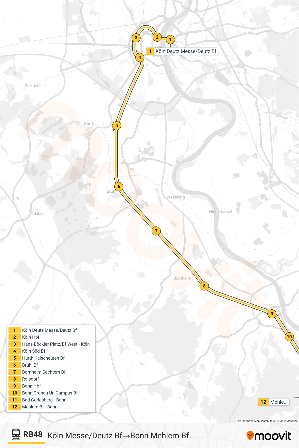 Linie RB48 (Bahn) Richtung Köln Messe/Deutz Bf→Bonn Mehlem Bf: Route und Haltestellen auf der Karte