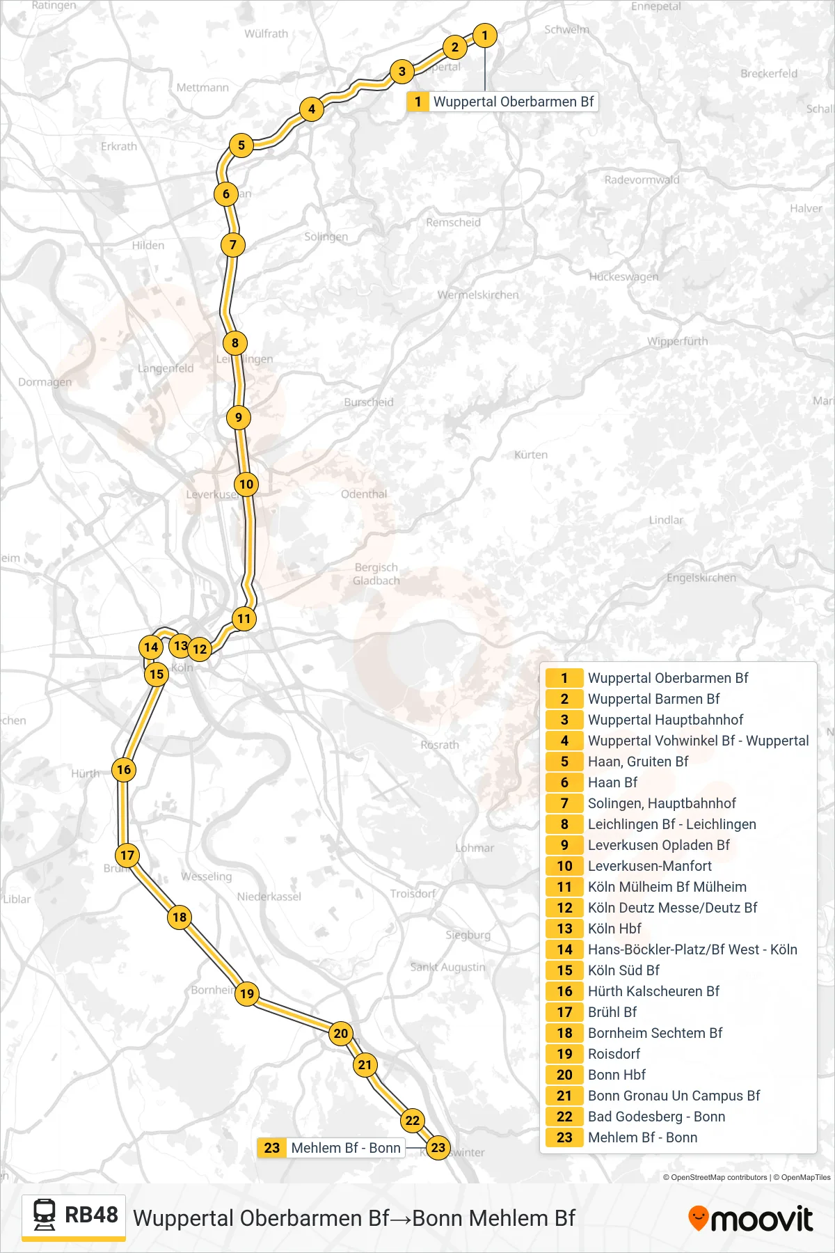 RB48 train Line (Wuppertal Oberbarmen Bf→Bonn Mehlem Bf) route and stops on a map