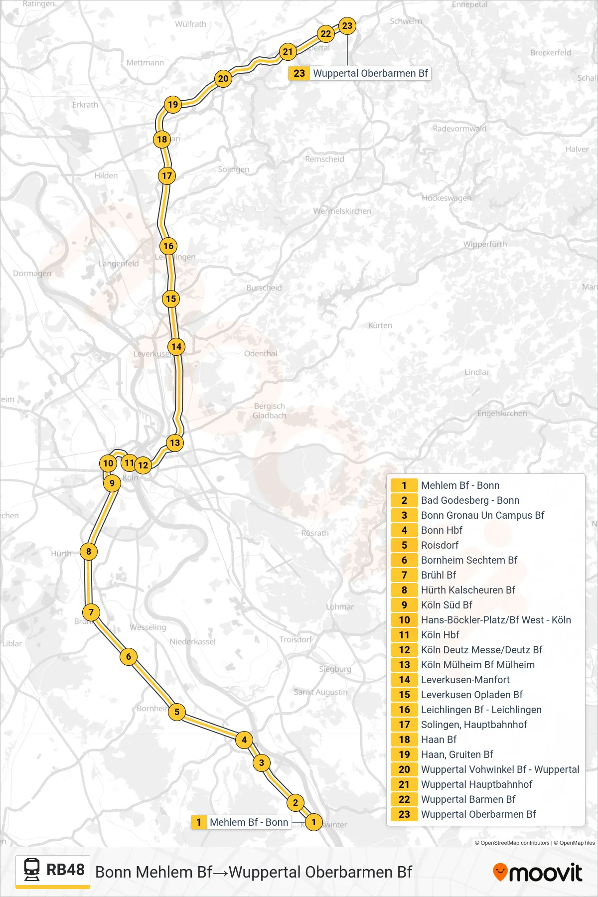 Linie RB48 (Bahn) Richtung Bonn Mehlem Bf→Wuppertal Oberbarmen Bf: Route und Haltestellen auf der Karte