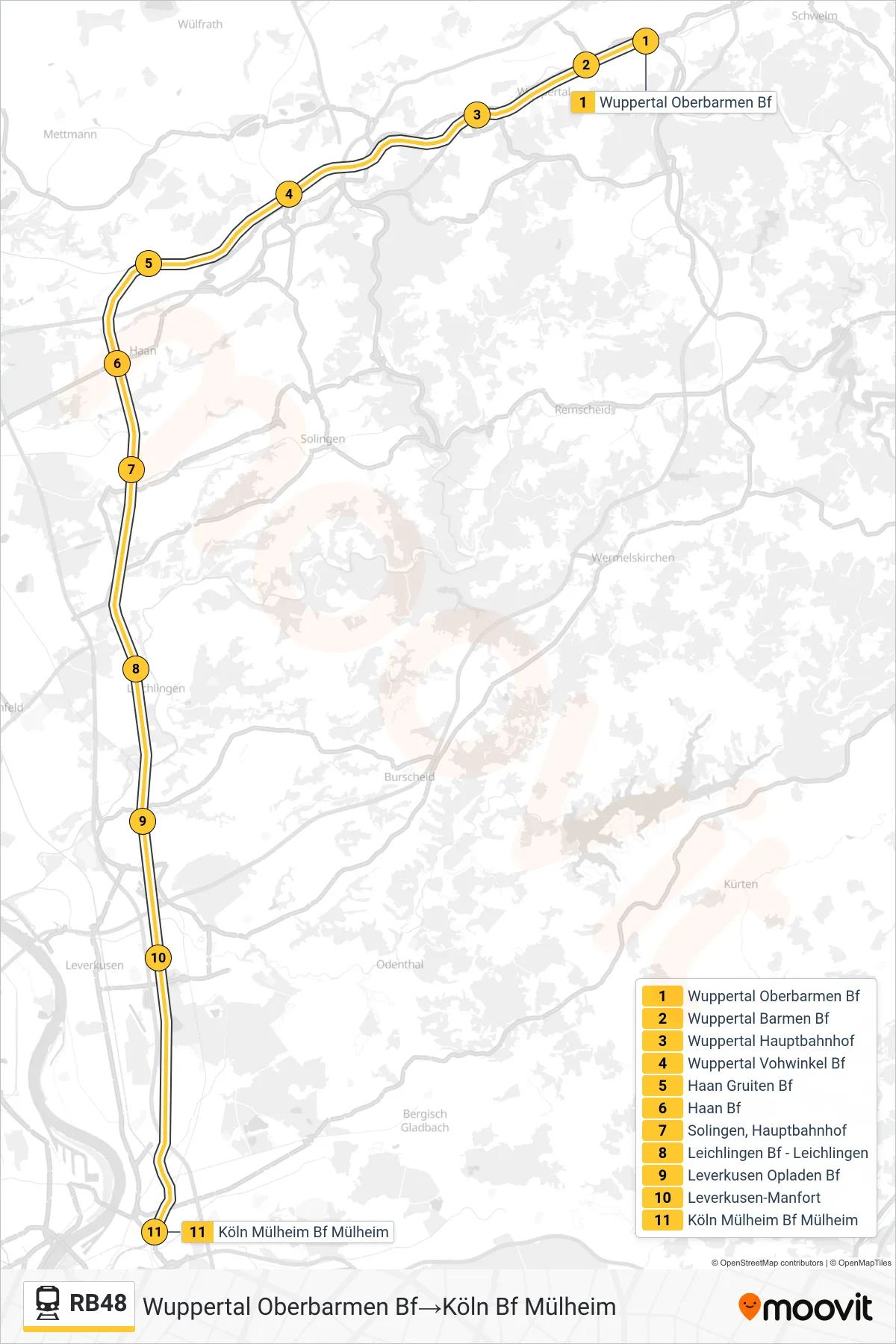 Linie RB48 (Bahn) Richtung Wuppertal Oberbarmen Bf→Köln Bf Mülheim: Route und Haltestellen auf der Karte