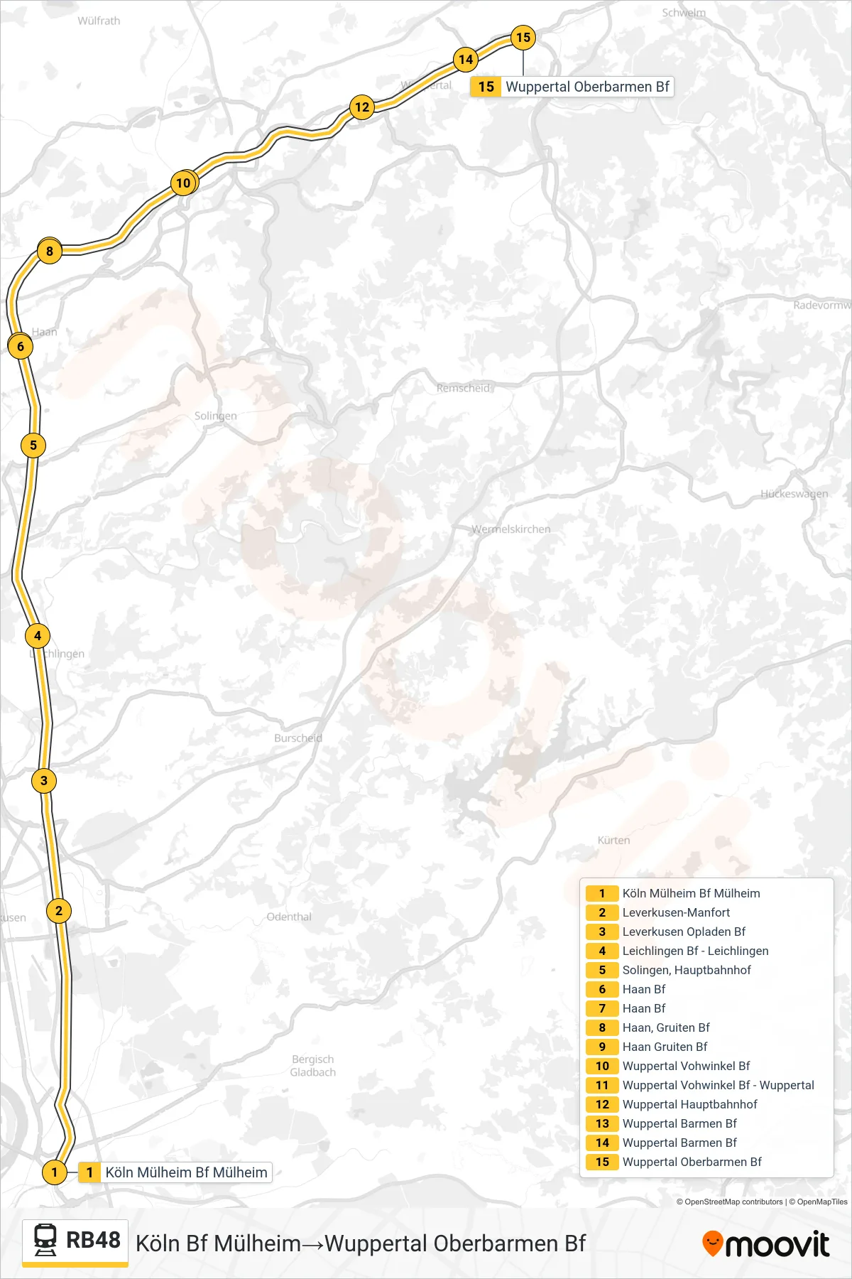 RB48 train Line (Köln Bf Mülheim‎→Wuppertal Oberbarmen Bf) route and stops on a map