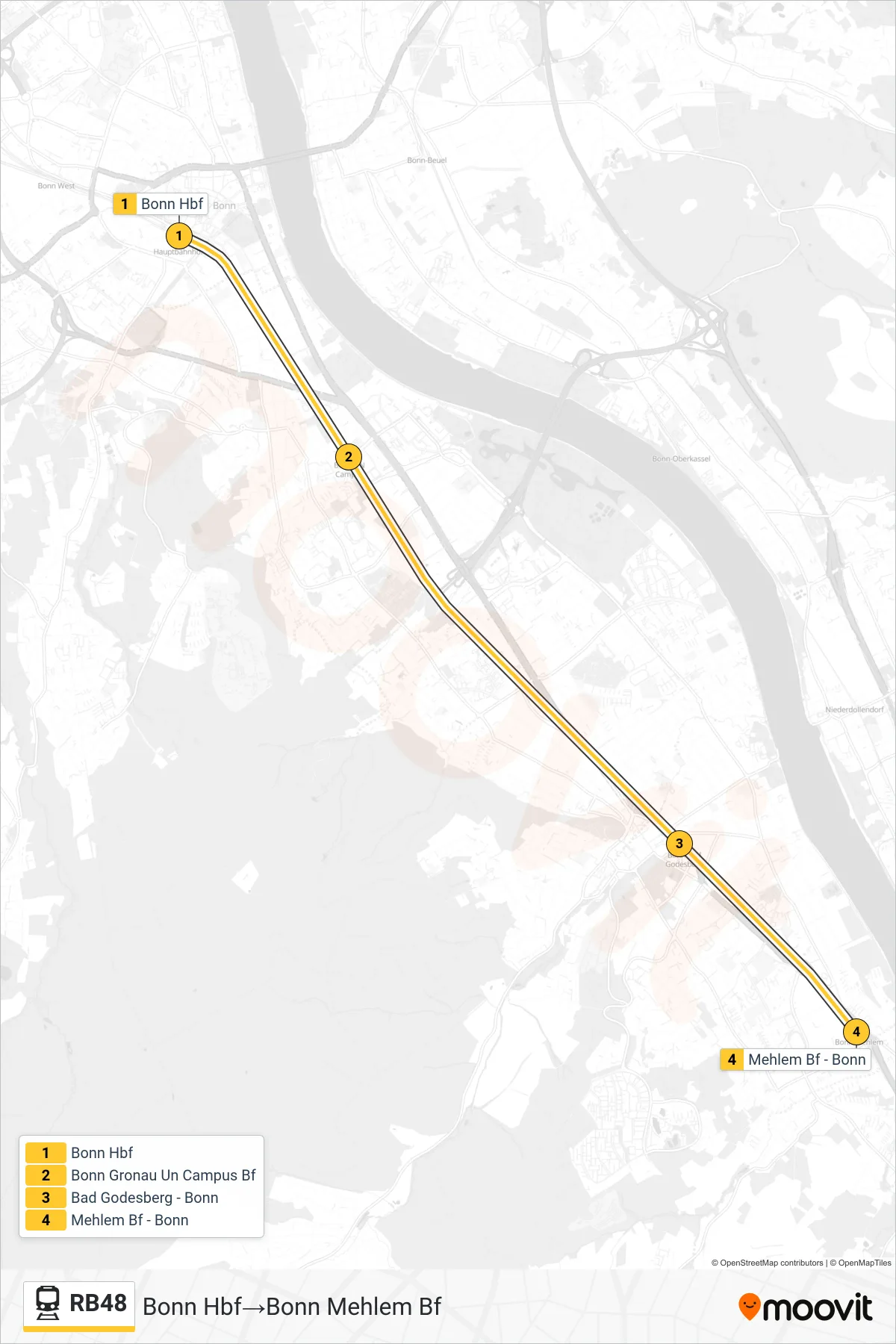 RB48 rail Line (Bonn Hbf→Bonn Mehlem Bf) route and stops on a map