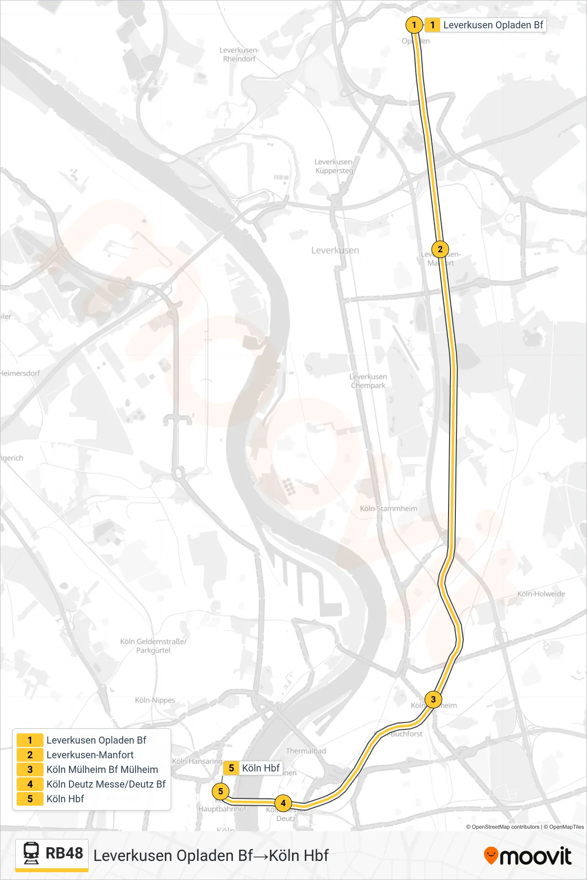 Linie RB48 (Bahn) Richtung Leverkusen Opladen Bf→Köln Hbf: Route und Haltestellen auf der Karte