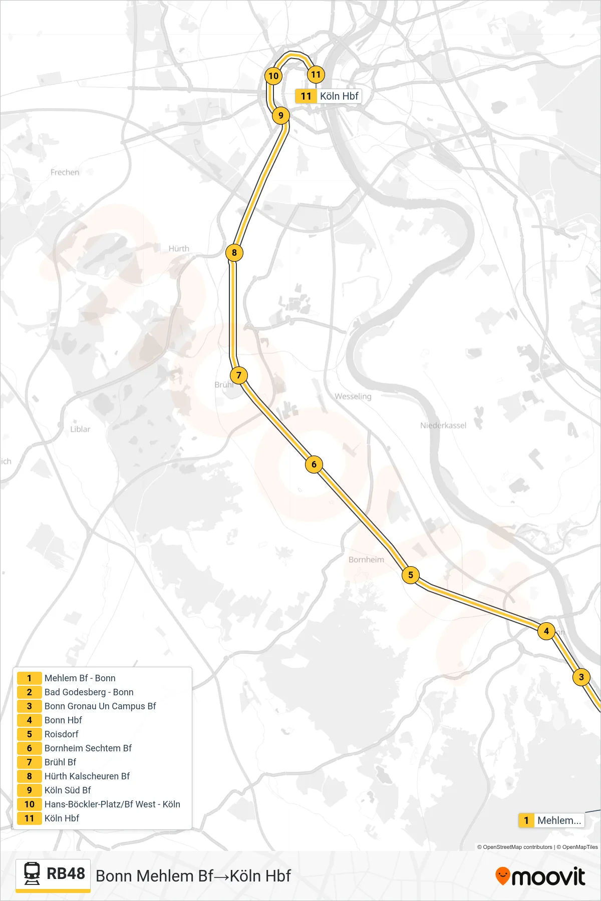 Linie RB48 (Bahn) Richtung Bonn Mehlem Bf→Köln Hbf: Route und Haltestellen auf der Karte