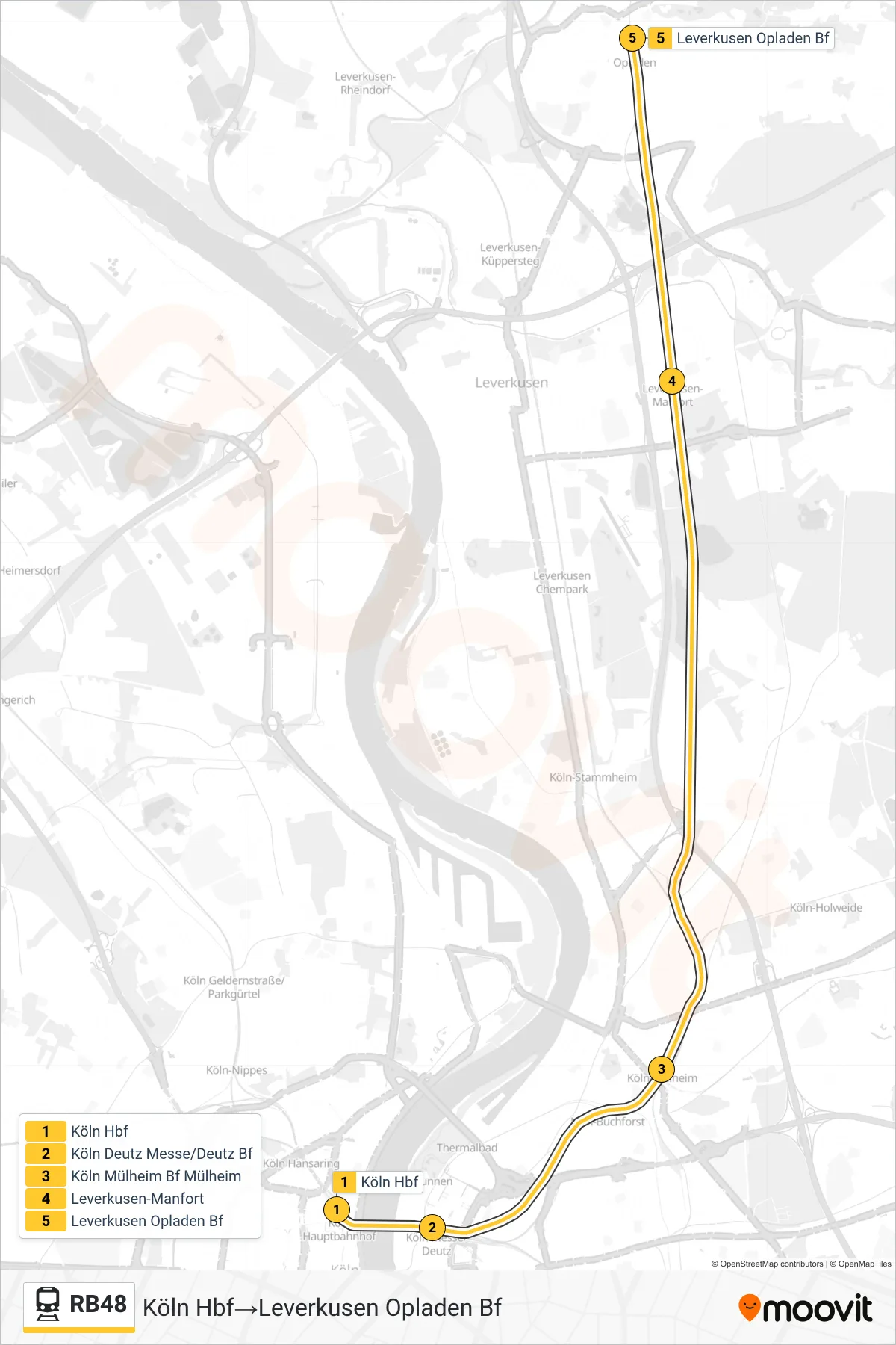 Linie RB48 (Bahn) Richtung Köln Hbf‎→Leverkusen Opladen Bf: Route und Haltestellen auf der Karte