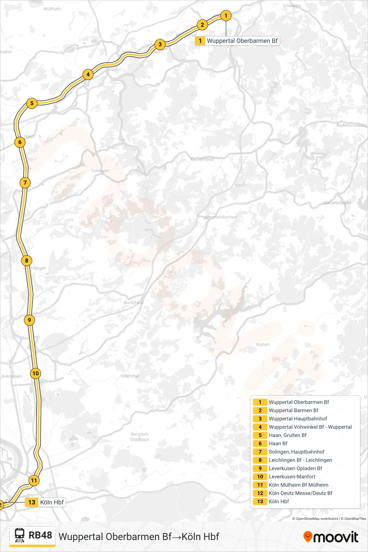 Linie RB48 (Bahn) Richtung Wuppertal Oberbarmen Bf‎→Köln Hbf: Route und Haltestellen auf der Karte