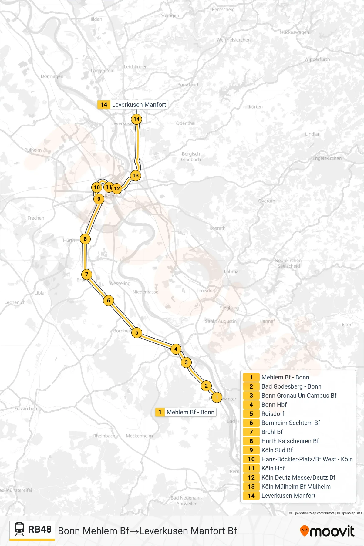 RB48 train Line (Bonn Mehlem Bf‎→Leverkusen Manfort Bf) route and stops on a map
