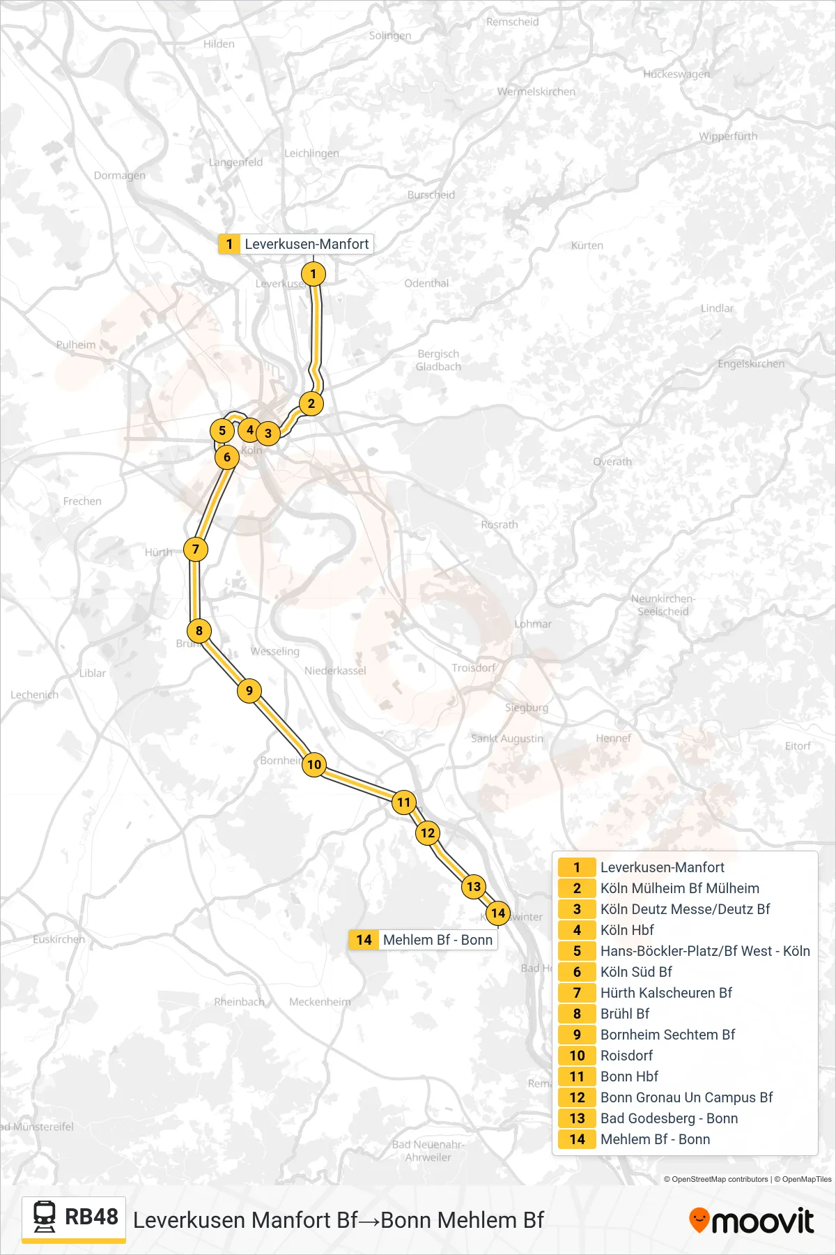 Linie RB48 (Bahn) Richtung Leverkusen Manfort Bf‎→Bonn Mehlem Bf: Route und Haltestellen auf der Karte