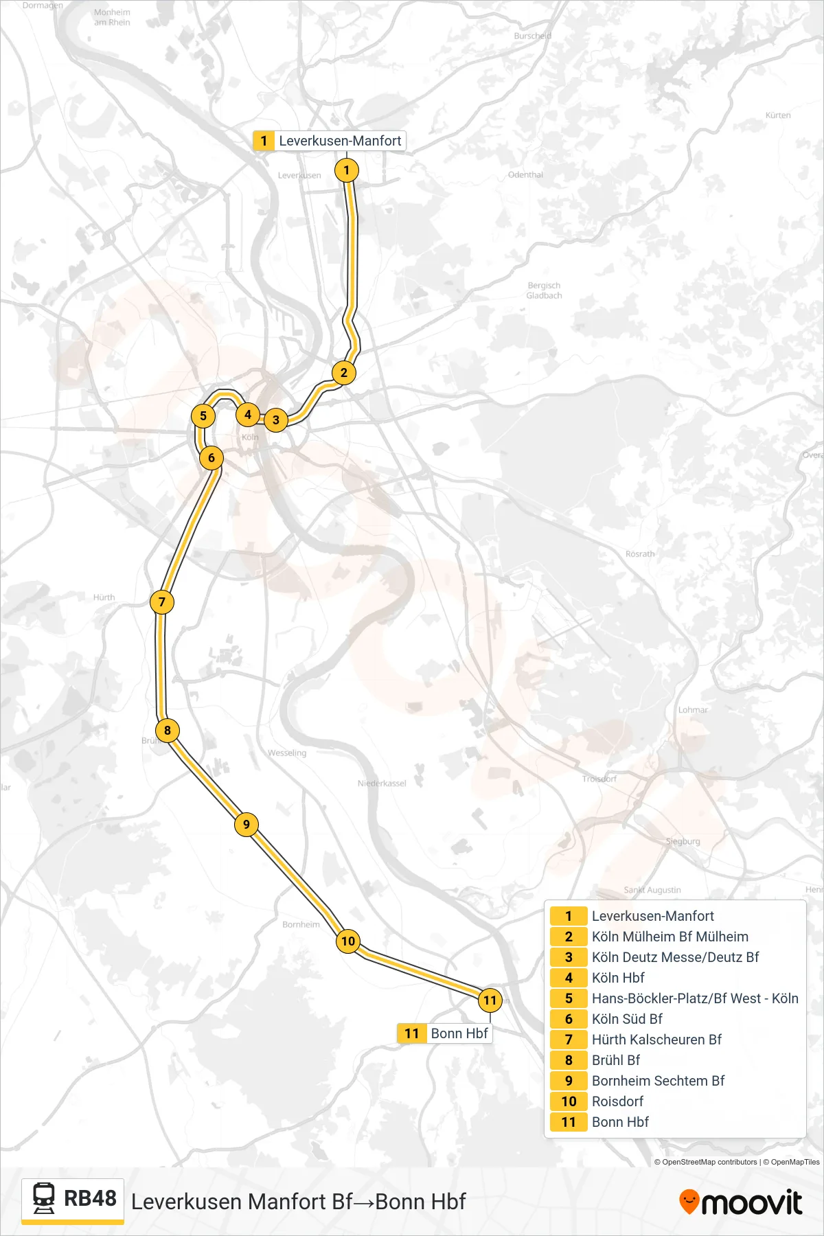 Linie RB48 (Bahn) Richtung Leverkusen Manfort Bf‎→Bonn Hbf: Route und Haltestellen auf der Karte