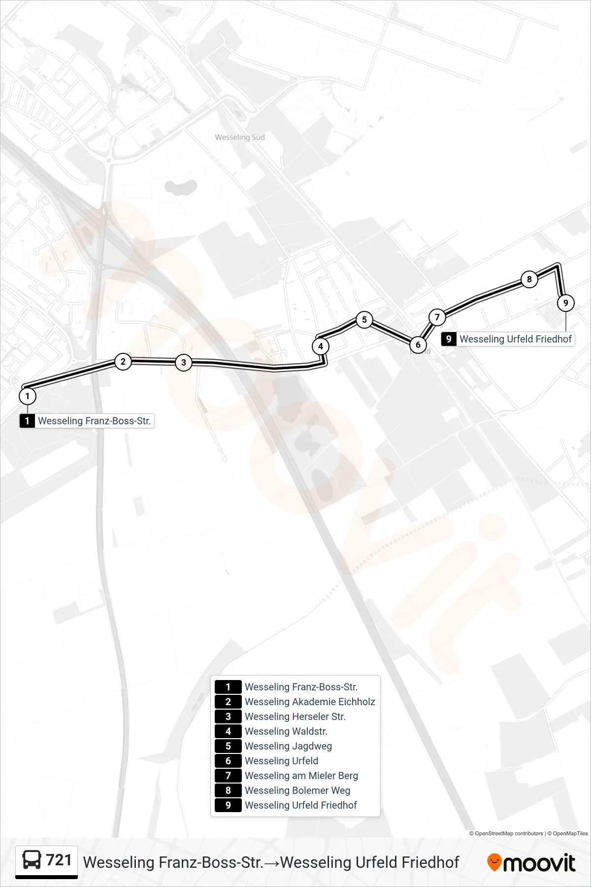 721 bus Line (Wesseling Franz-Boss-Str.‎→Wesseling Urfeld Friedhof) route and stops on a map